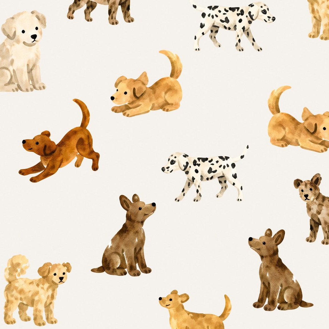 Playful dog illustrations on watercolor wallpaper with white background.