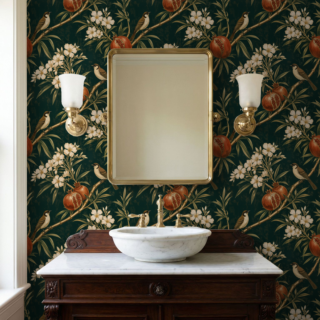 Elegant Pomona wallpaper with birds and pomegranates in a vintage bathroom setting.