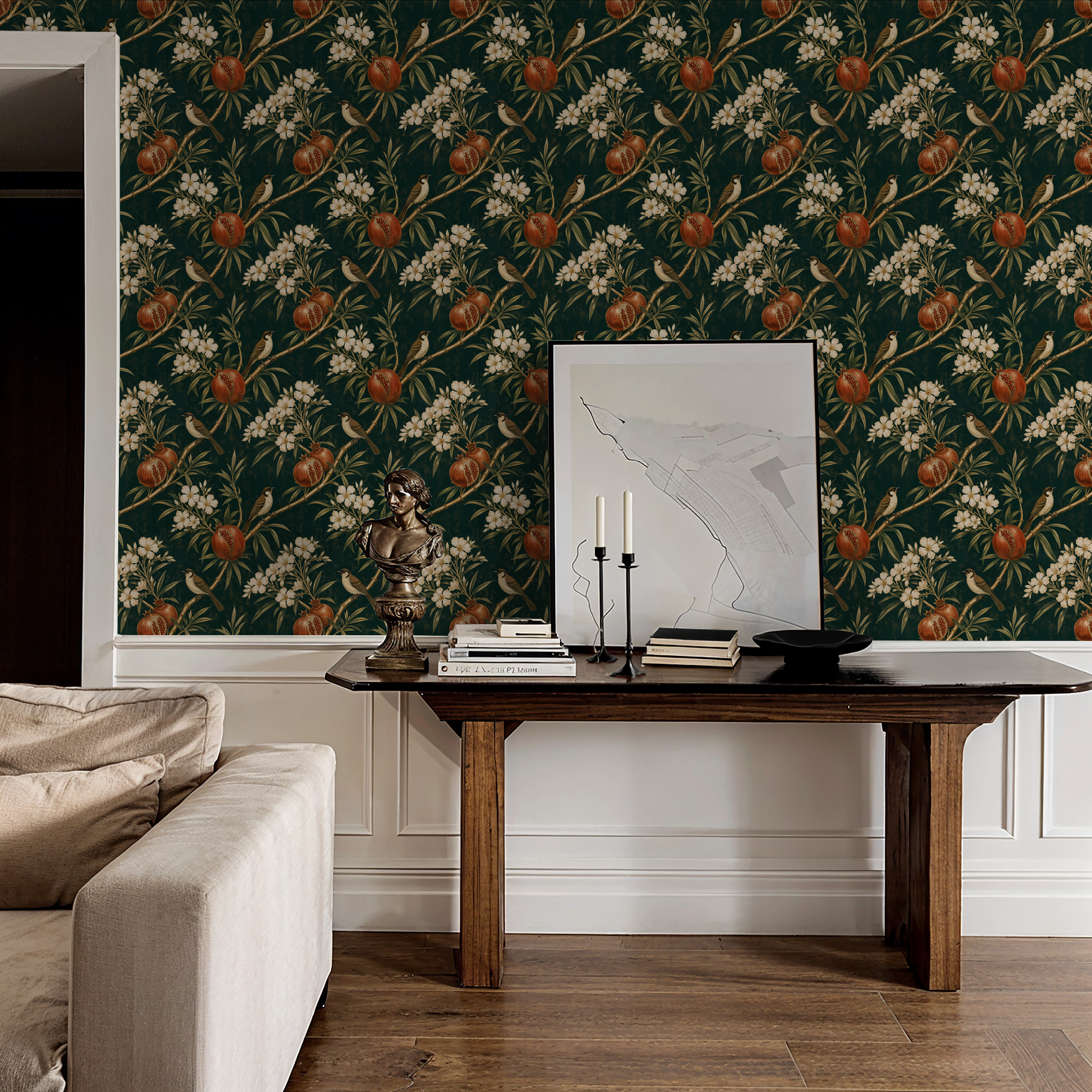 Pomona wallpaper with birds and pomegranates in green and earthy tones in elegant living room.