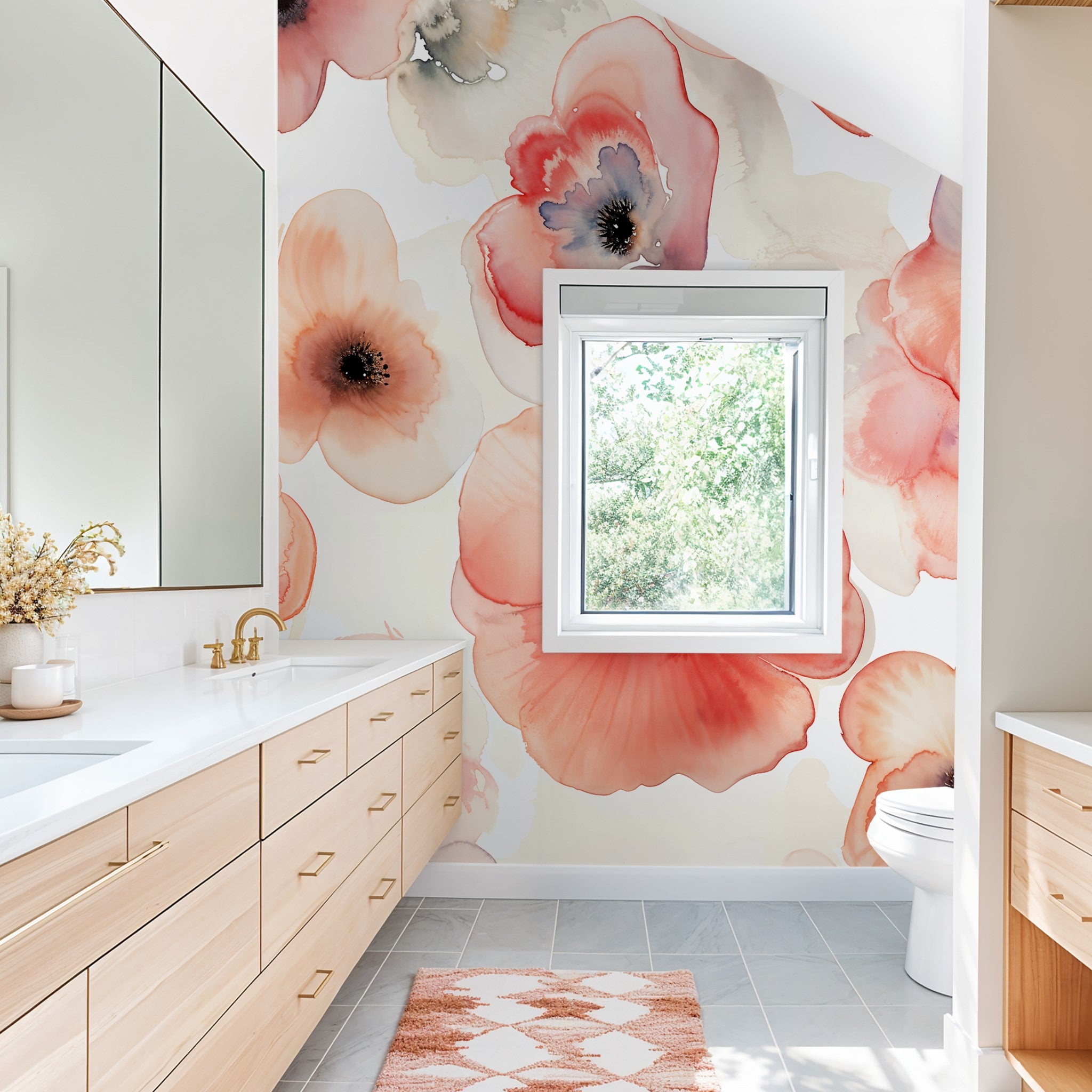 Bright "Poppies in Bloom Wallpaper" by Wall Blush enhances a modern bathroom, focusing on vibrant floral design.