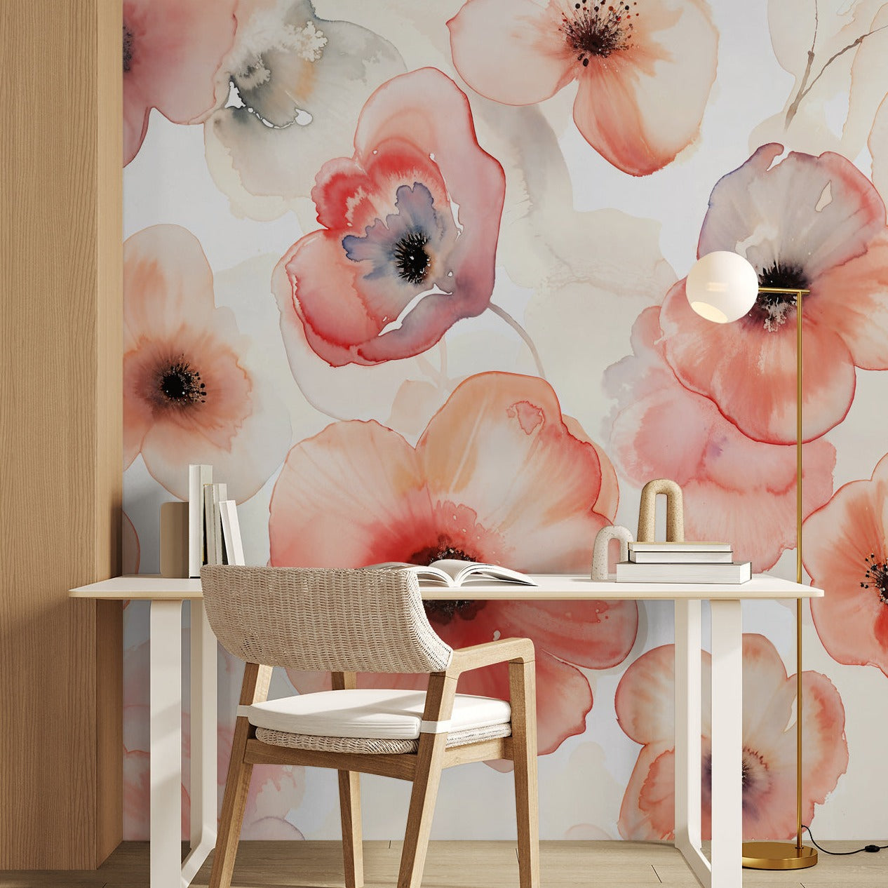 Alt text: "Wall Blush 'Poppies in Bloom Wallpaper' enhancing a home office, with focus on floral design and warm colors."