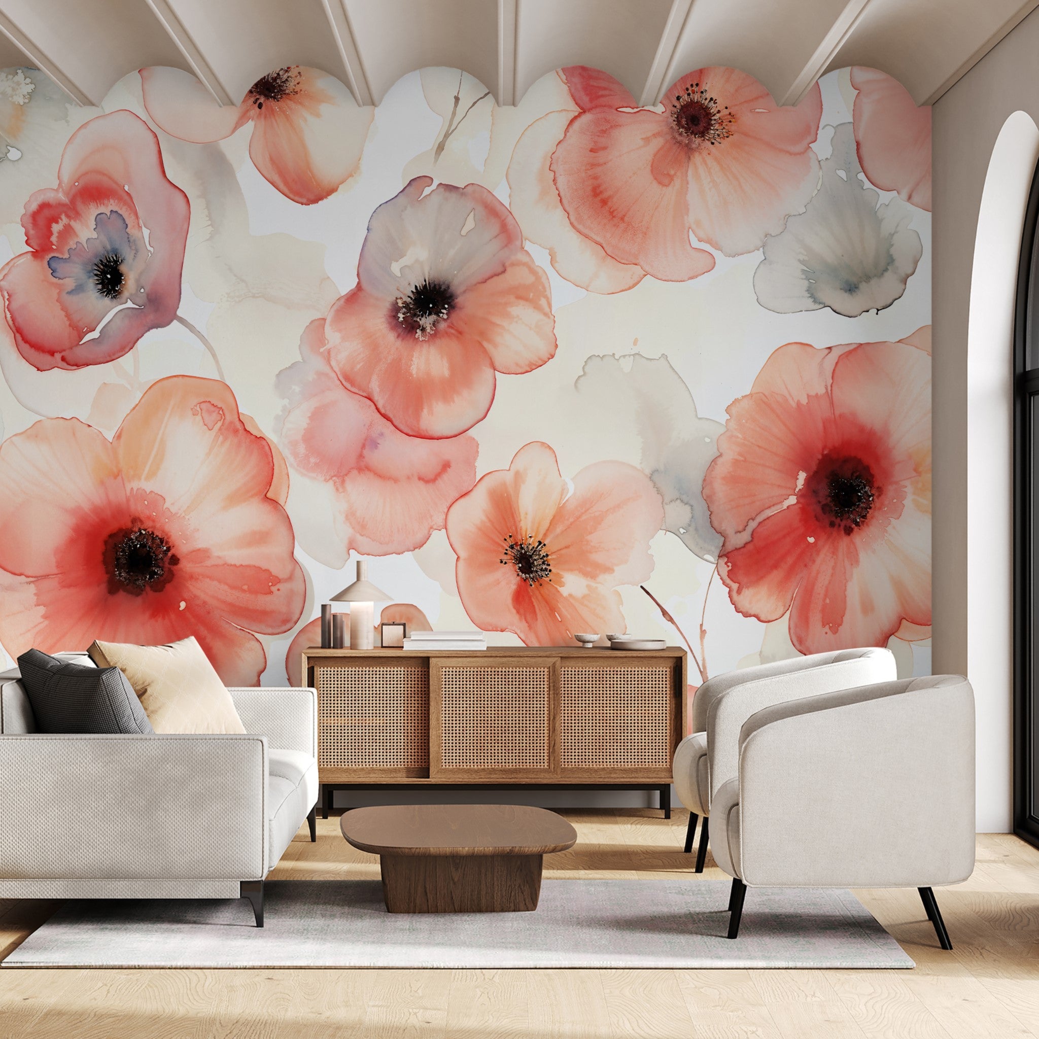 "Wall Blush's Poppies in Bloom Wallpaper enhancing modern living room decor with vibrant floral design."