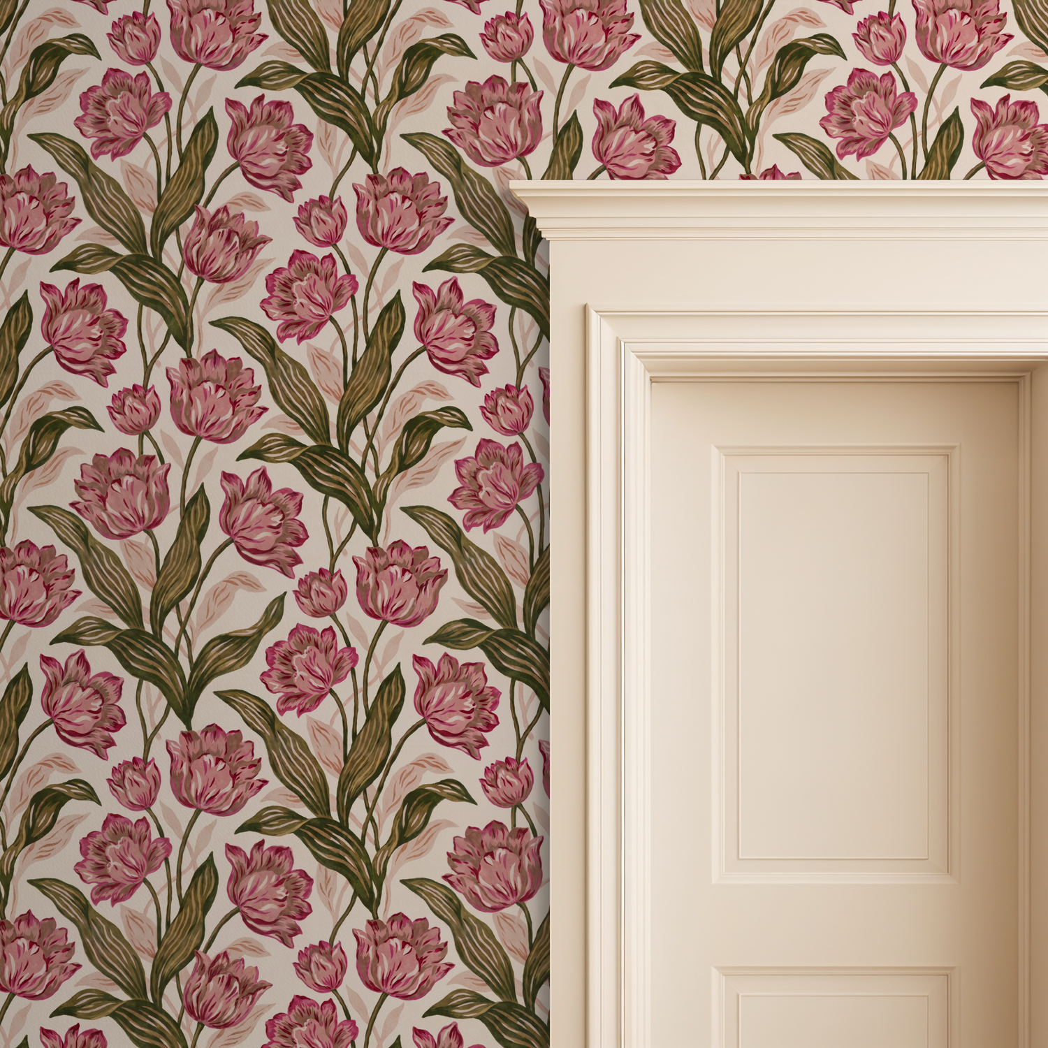 Provence wallpaper with pink floral pattern and green leaves beside a cream door.