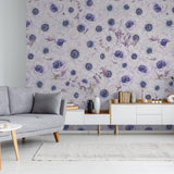 Contemporary living room with Fleur Blanche Wallpaper from The Nida Jahain Line, elegant floral design focus.
