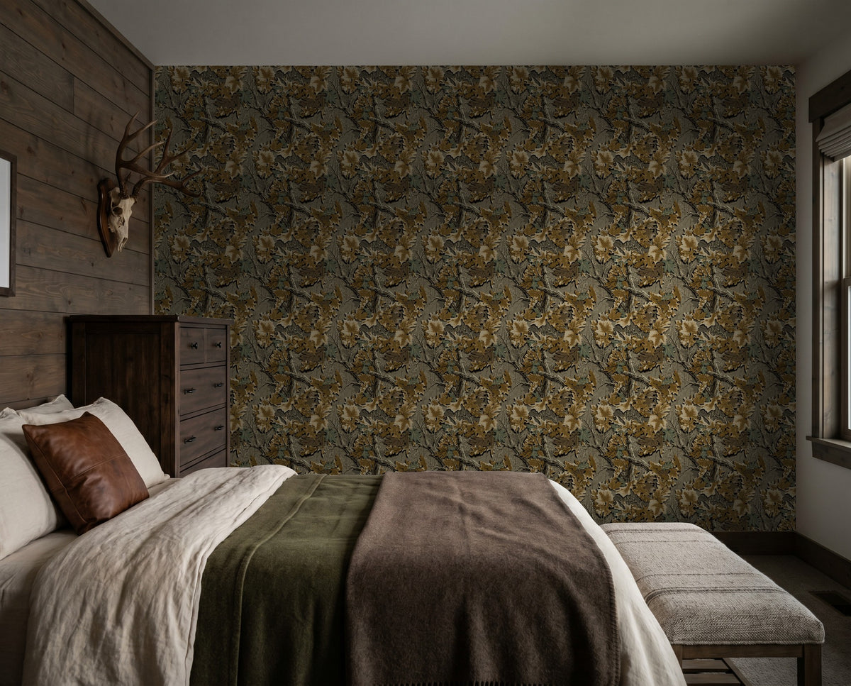 Rustic bedroom with Realtree Advantage wallpaper featuring earthy foliage pattern.