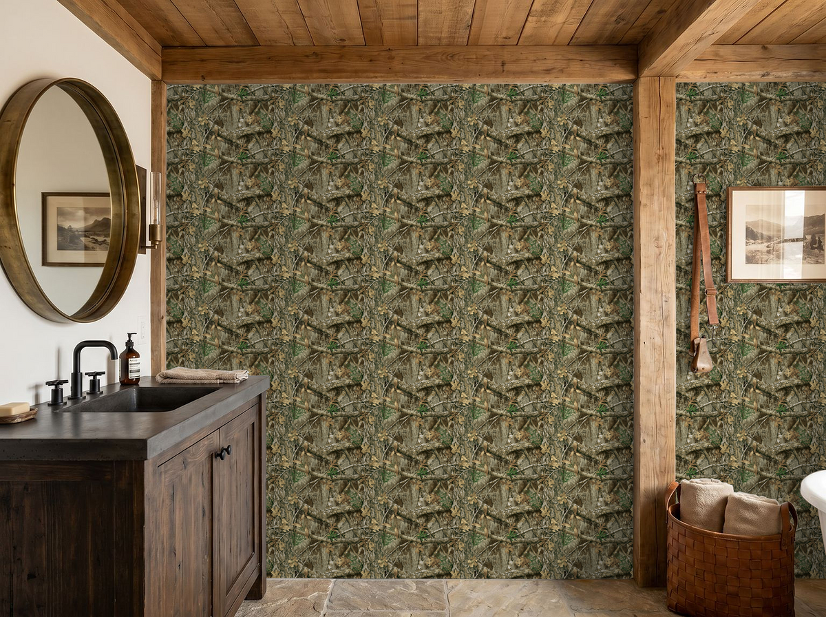 Rustic bathroom with Realtree Edge wallpaper featuring woodland branches and leaves.