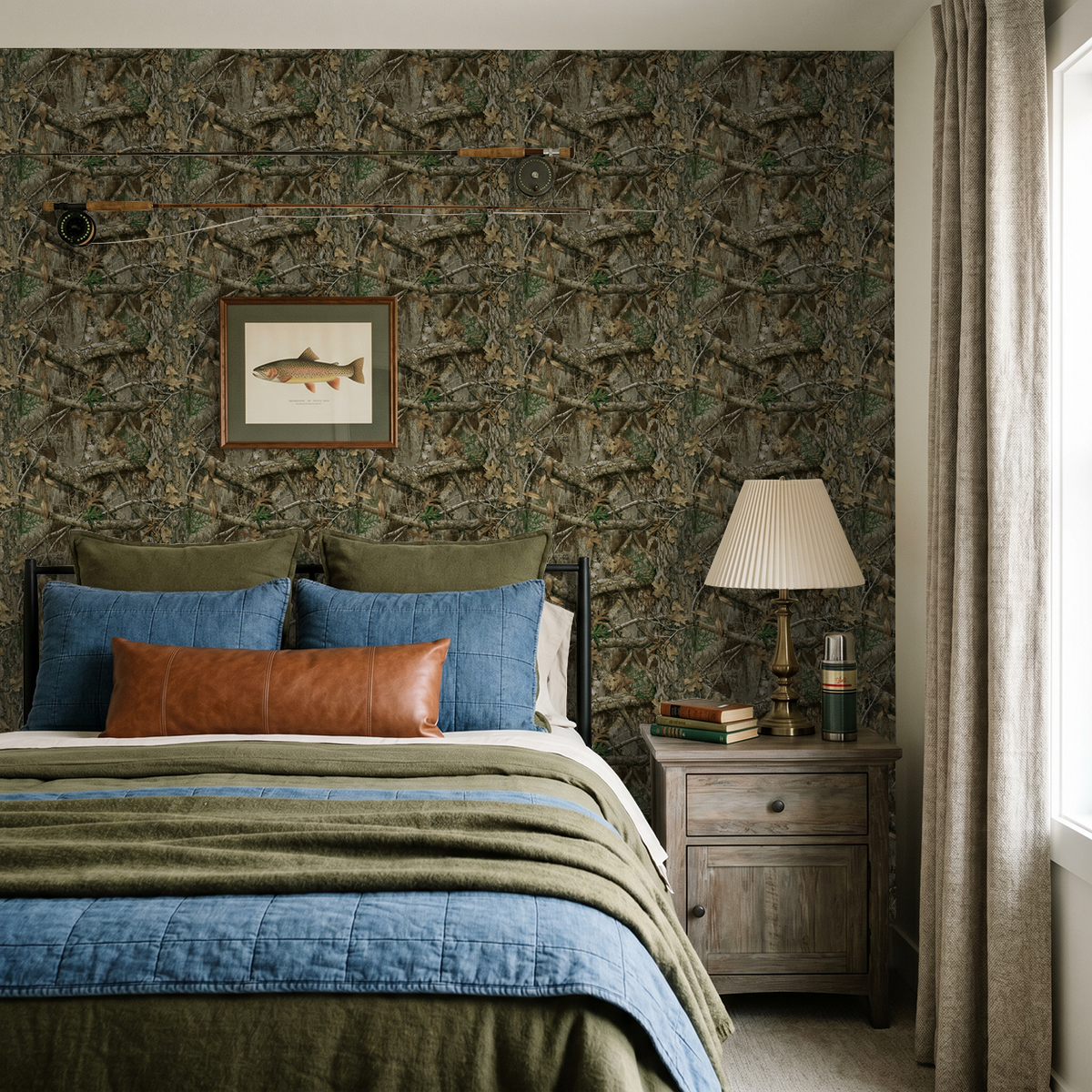 Realtree Edge wallpaper with woodland branches in rustic bedroom setting.