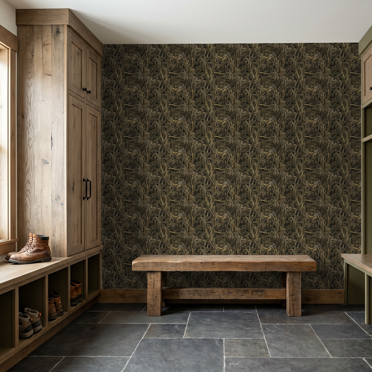 Rustic entryway with Realtree MAX wallpaper featuring earthy reeds and grasses.