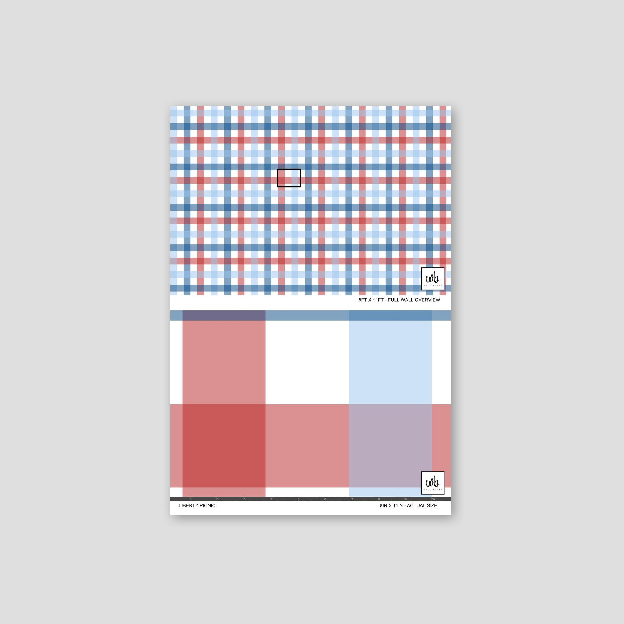 Red, blue, and white gingham plaid wallpaper pattern sample.