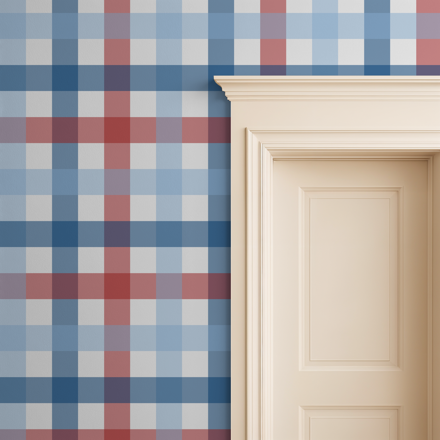 Red, blue, and white gingham wallpaper with door frame in rustic style.