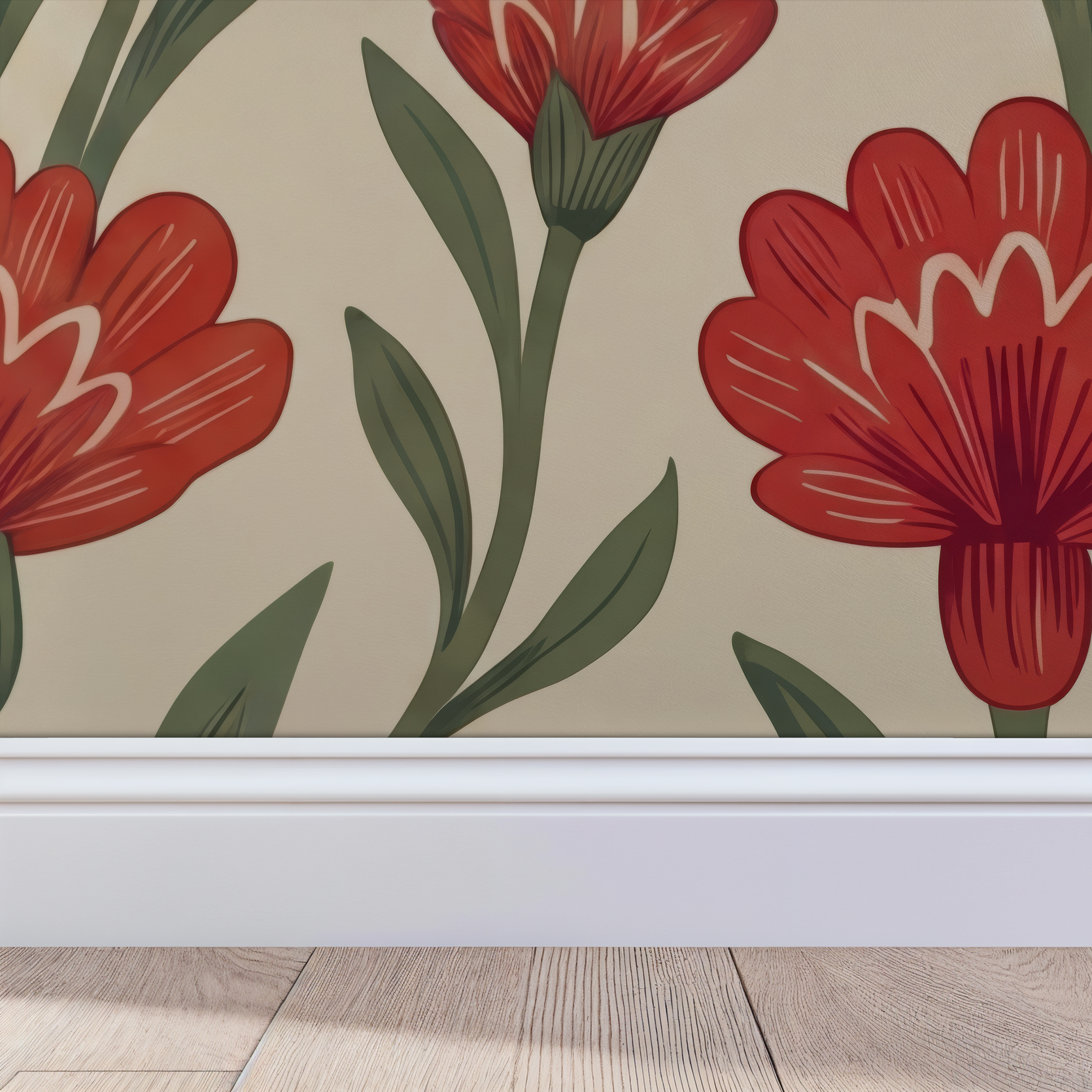 Red floral wallpaper with green leaves on cream background above wooden floor.