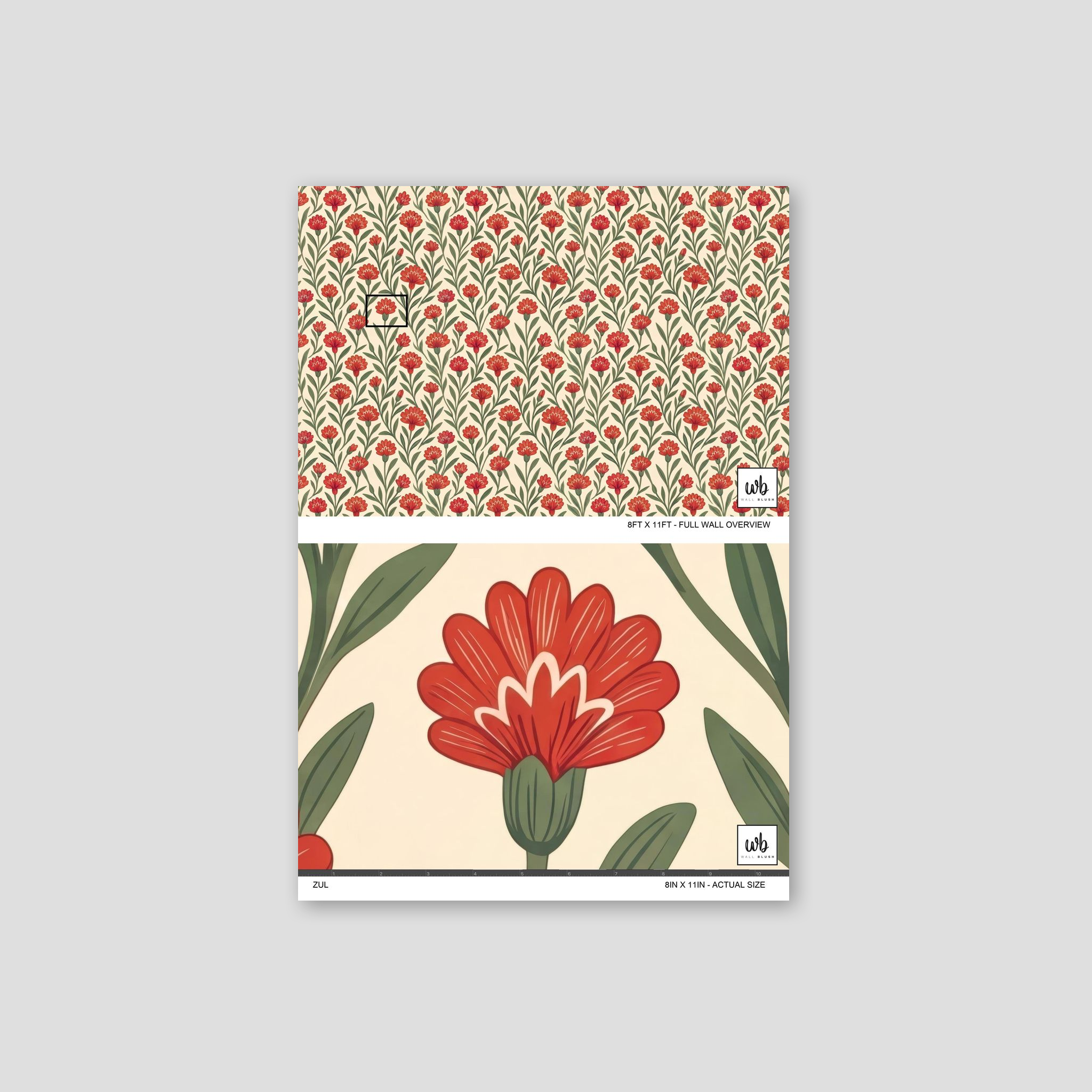 Red floral wallpaper with cream background and green leaves, vintage style.