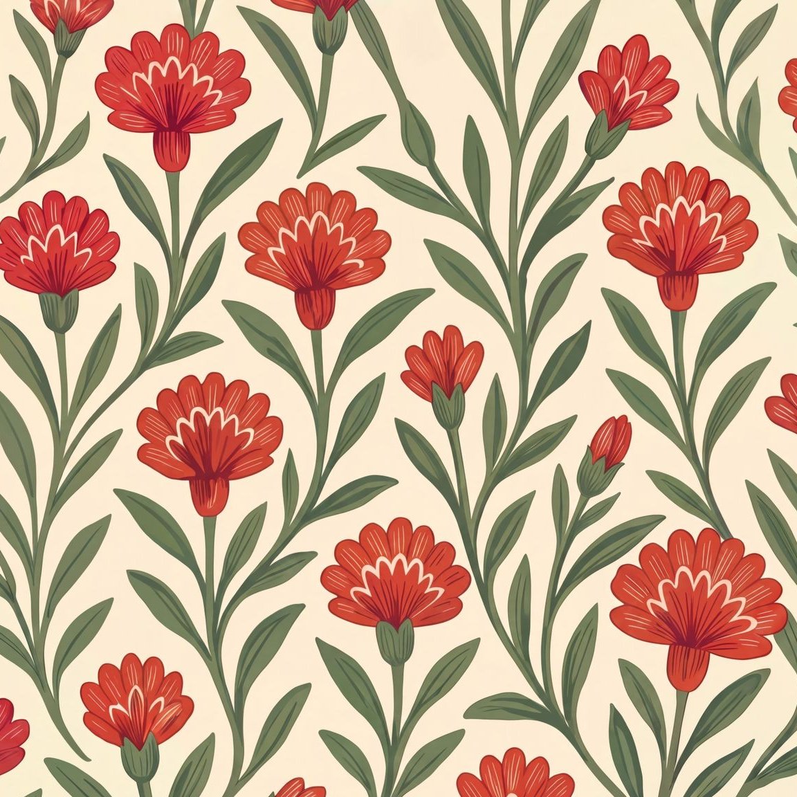Red floral wallpaper with green leaves on cream background, vintage style