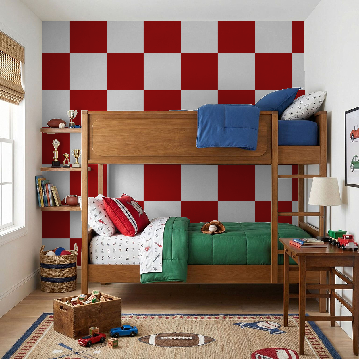 Bold red and white checkerboard wallpaper in a kids' room with bunk bed.