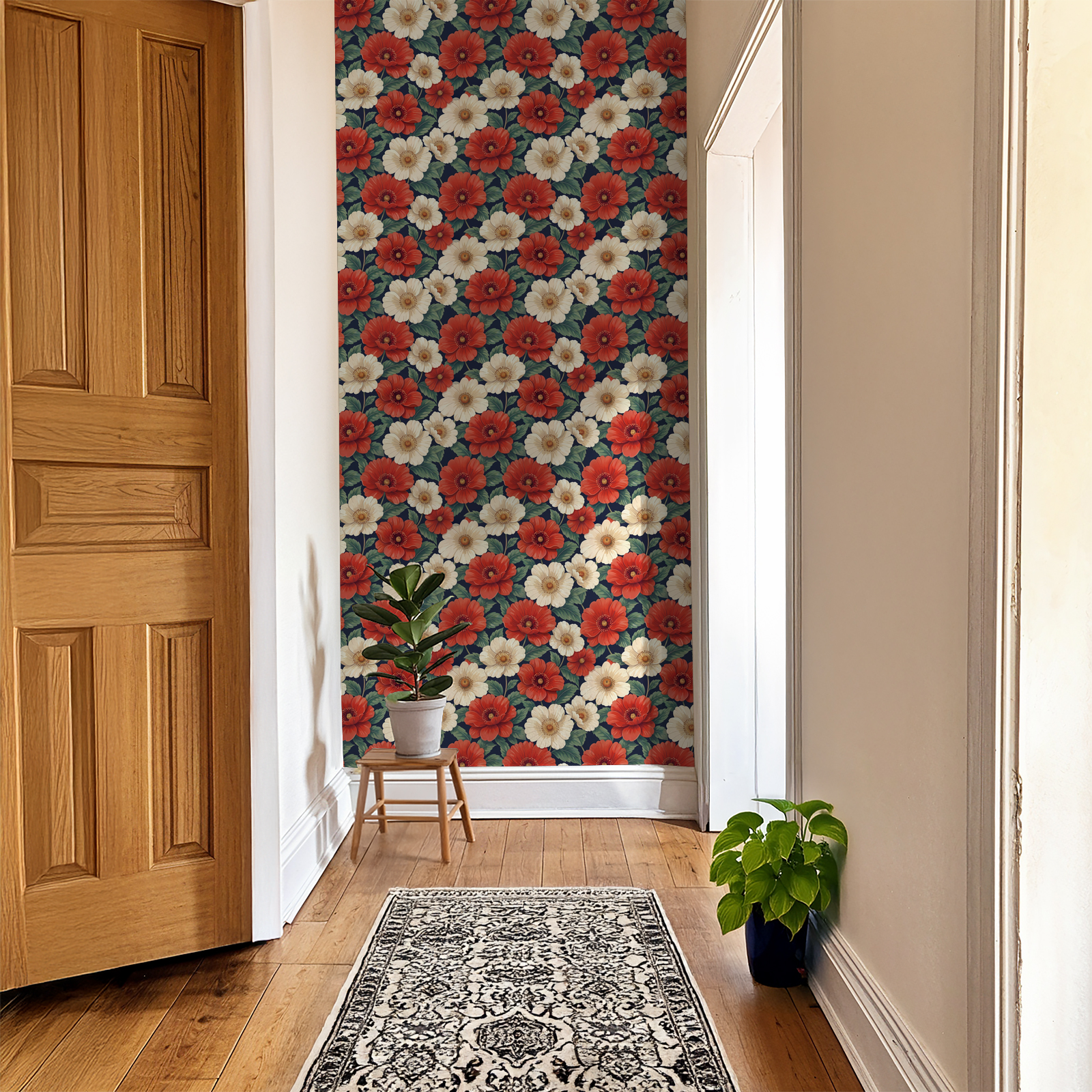 Red and white floral wallpaper in a hallway with wooden floor and plants.