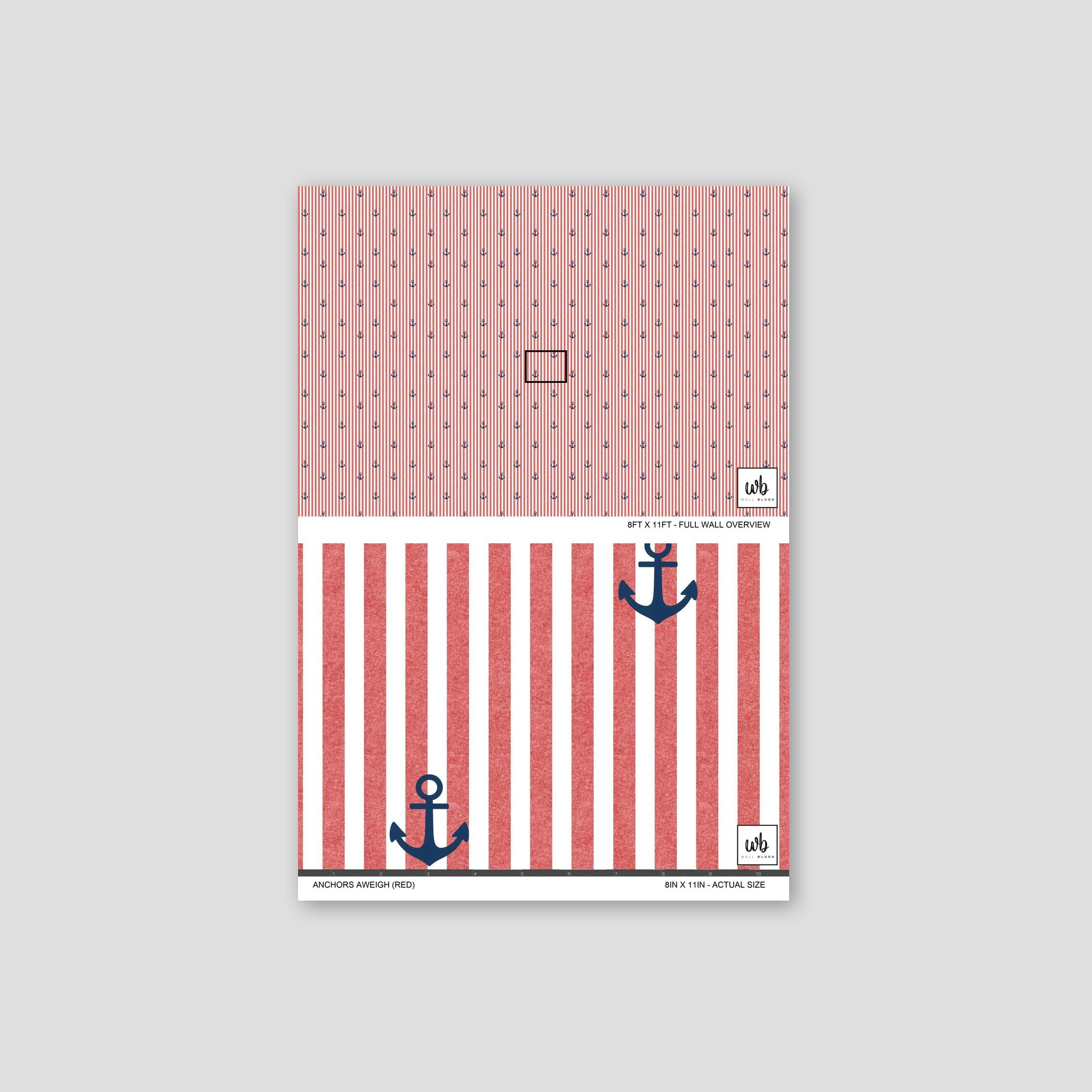 Red and white striped wallpaper with blue anchors, nautical theme