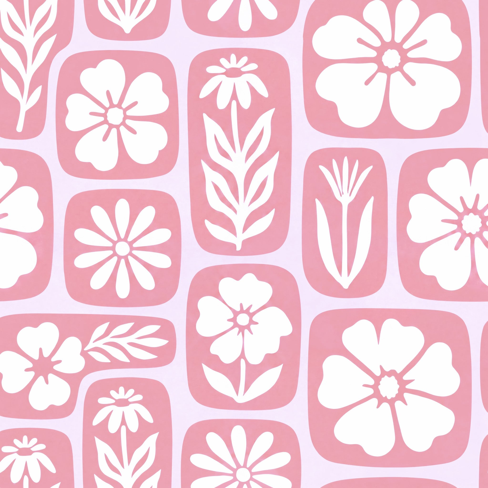 Retro floral wallpaper with pink and white motifs, featuring daisies and leaves.