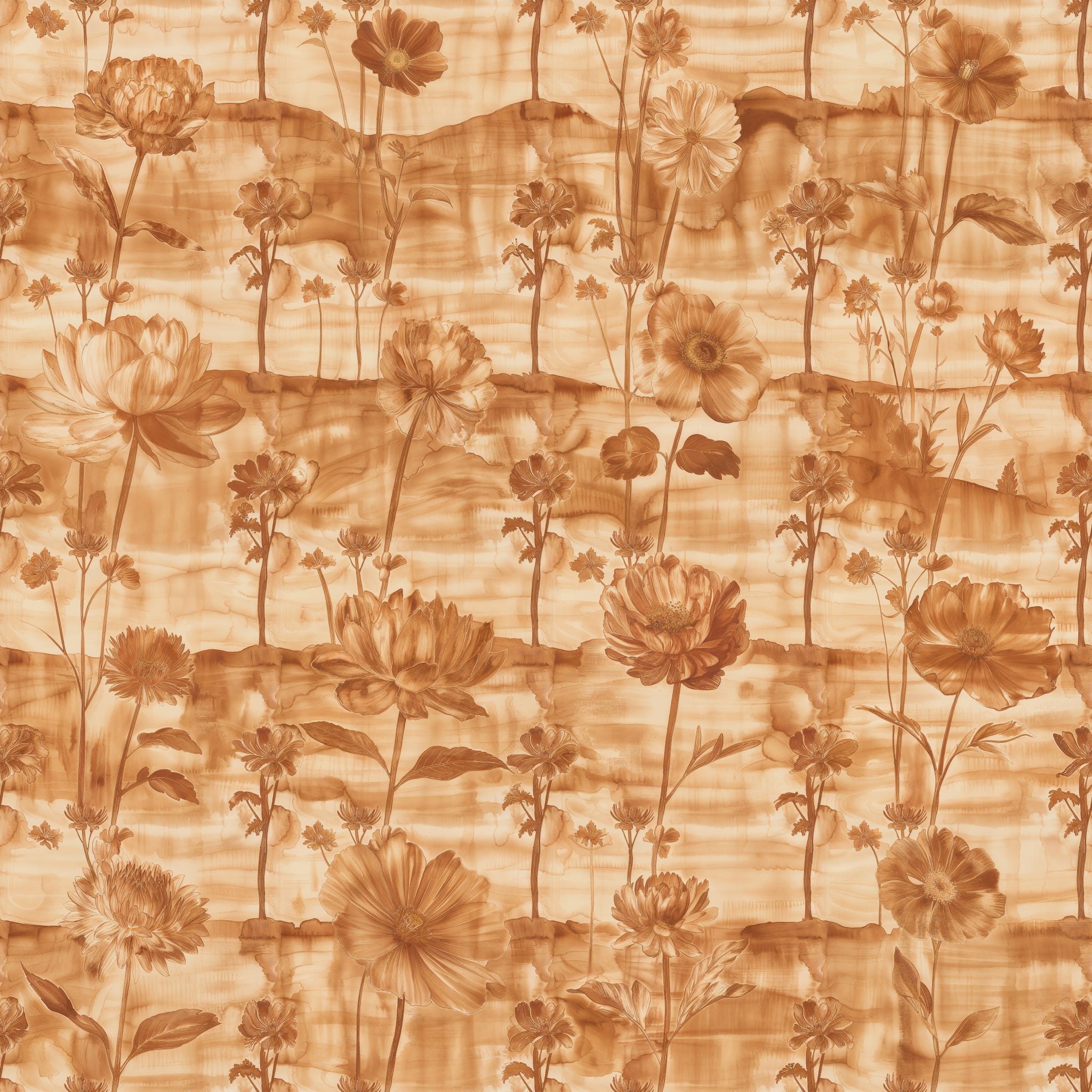 Wall Blush's Lavina (Rust) Wallpaper featured in a stylish bedroom setting, highlighting the detailed floral design.