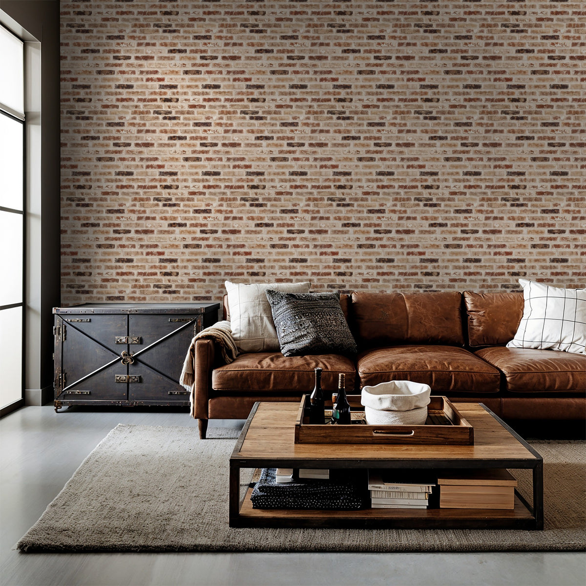 Rustic brick pattern wallpaper in living room with leather sofa and industrial decor.