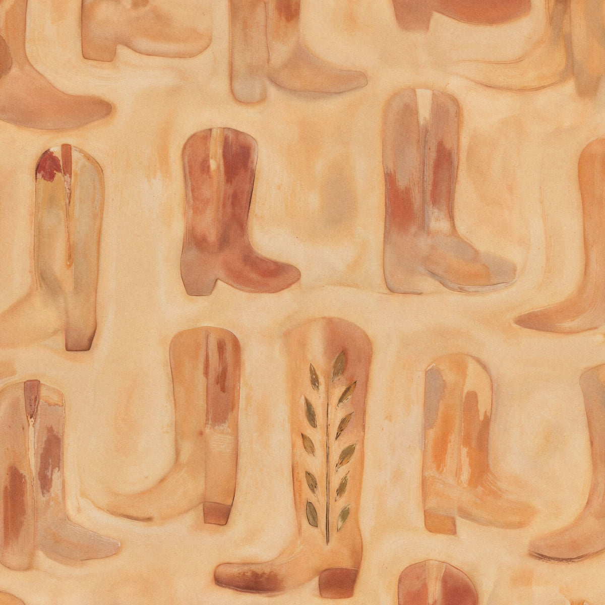 Rustic cowboy boot pattern wallpaper in terracotta and ochre hues.
