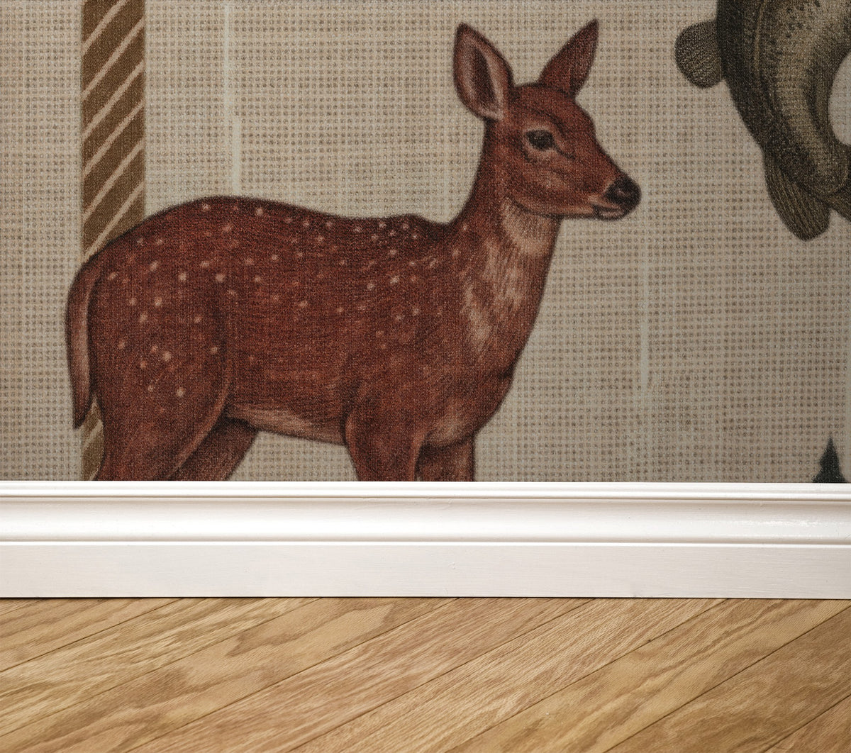 Rustic deer and fish pattern wallpaper with earthy tones in a room setting
