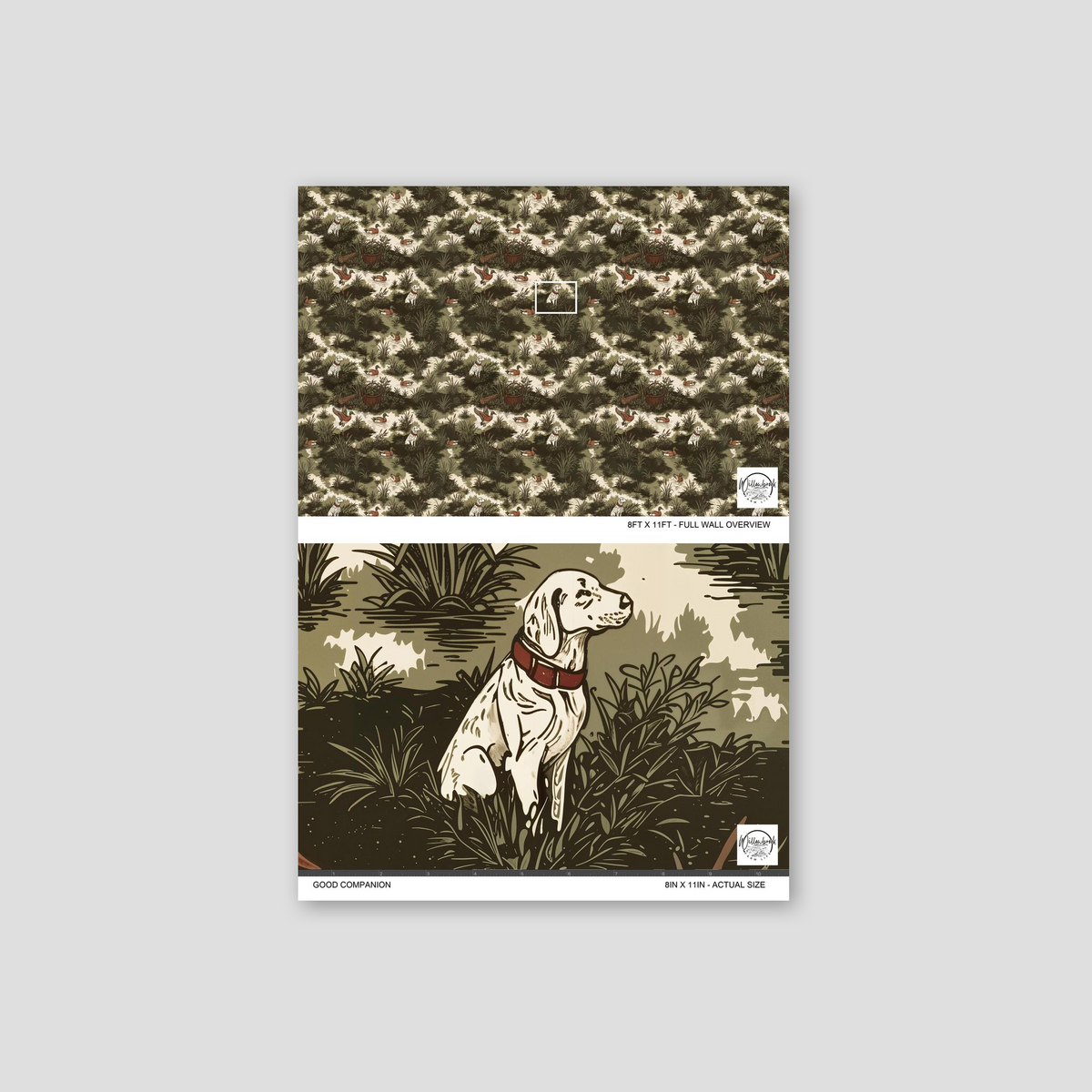 Rustic wallpaper with olive tones featuring a dog and foliage pattern.