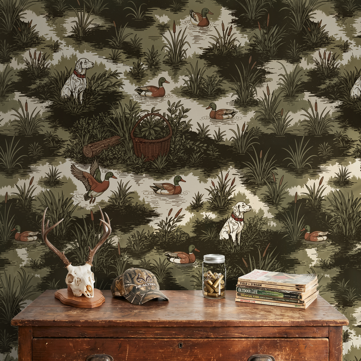 Rustic wallpaper with ducks and dog in olive tones, nature scene in cozy room.