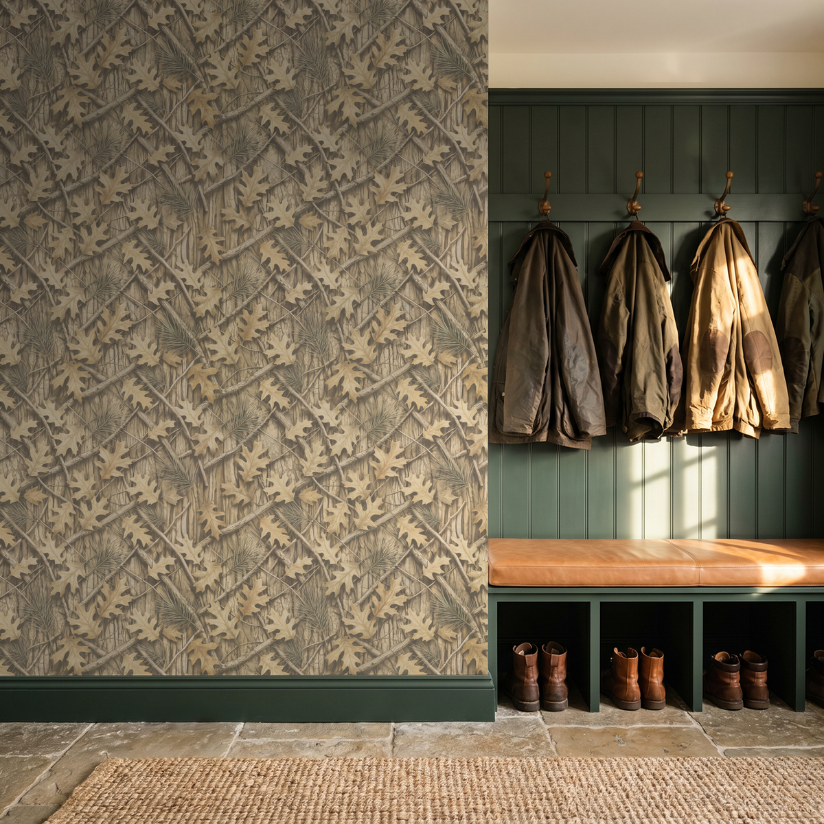 Rustic oak leaf and pine needle wallpaper in cozy entryway with green accents.