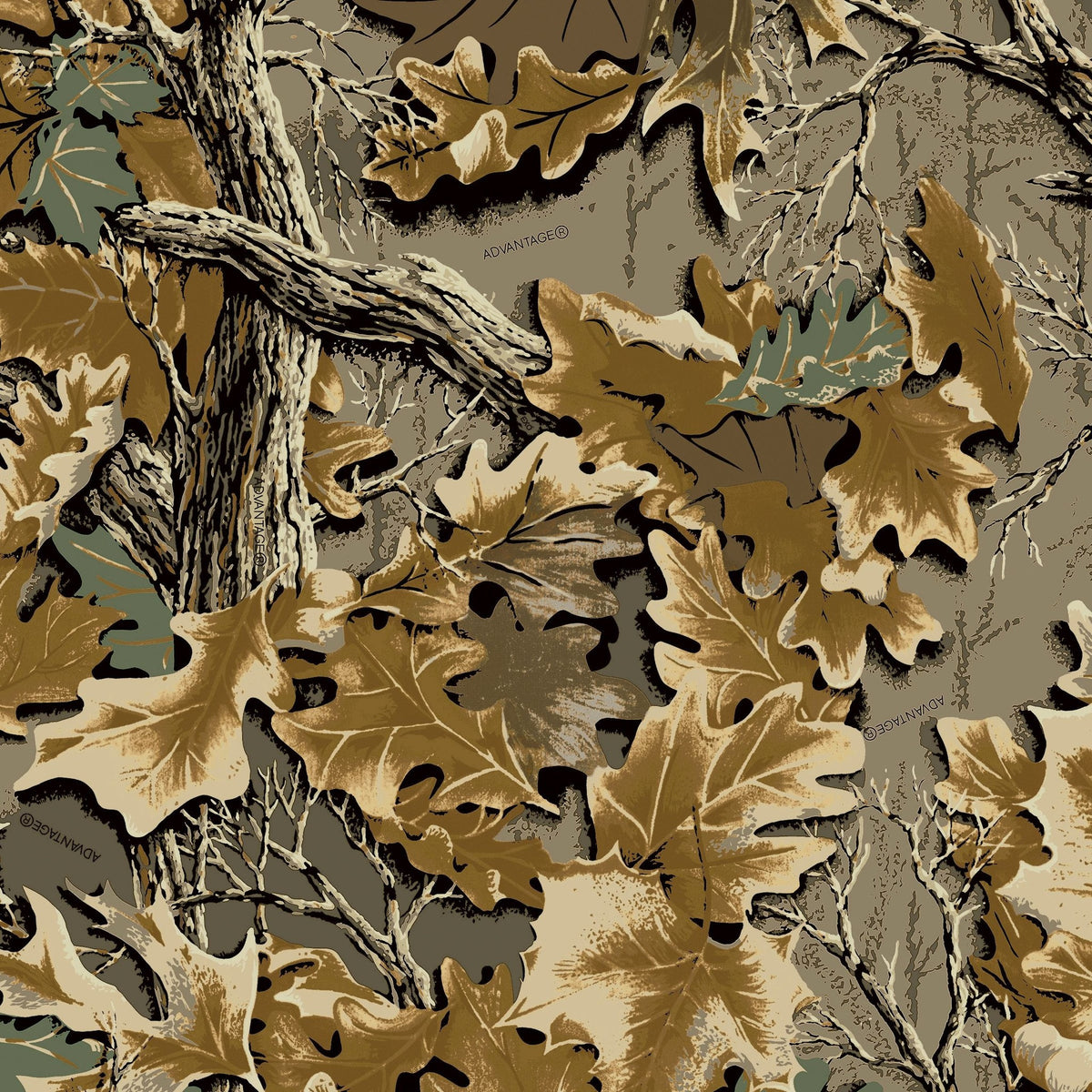 Rustic oak leaf and branch wallpaper in earthy browns and greens