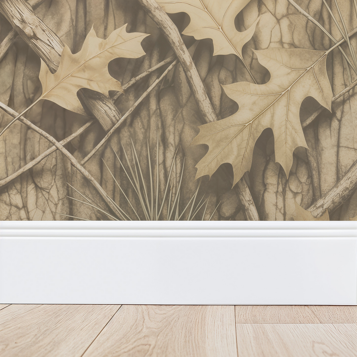 Rustic oak leaves and twigs wallpaper with wood floor and white baseboard.