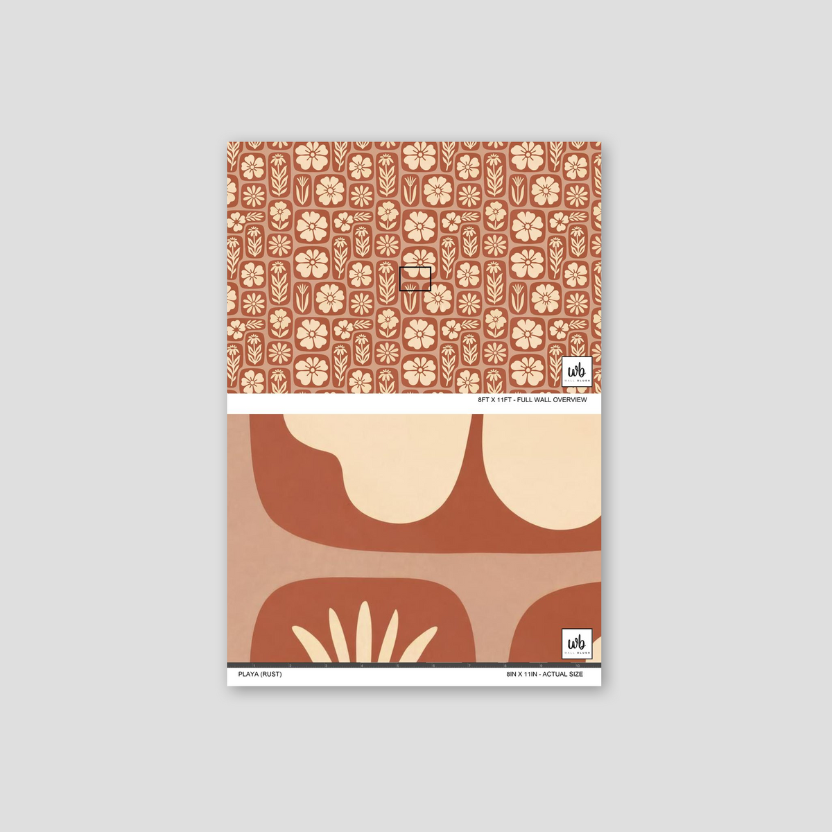Rustic terracotta floral wallpaper with cream motifs, abstract geometric pattern.