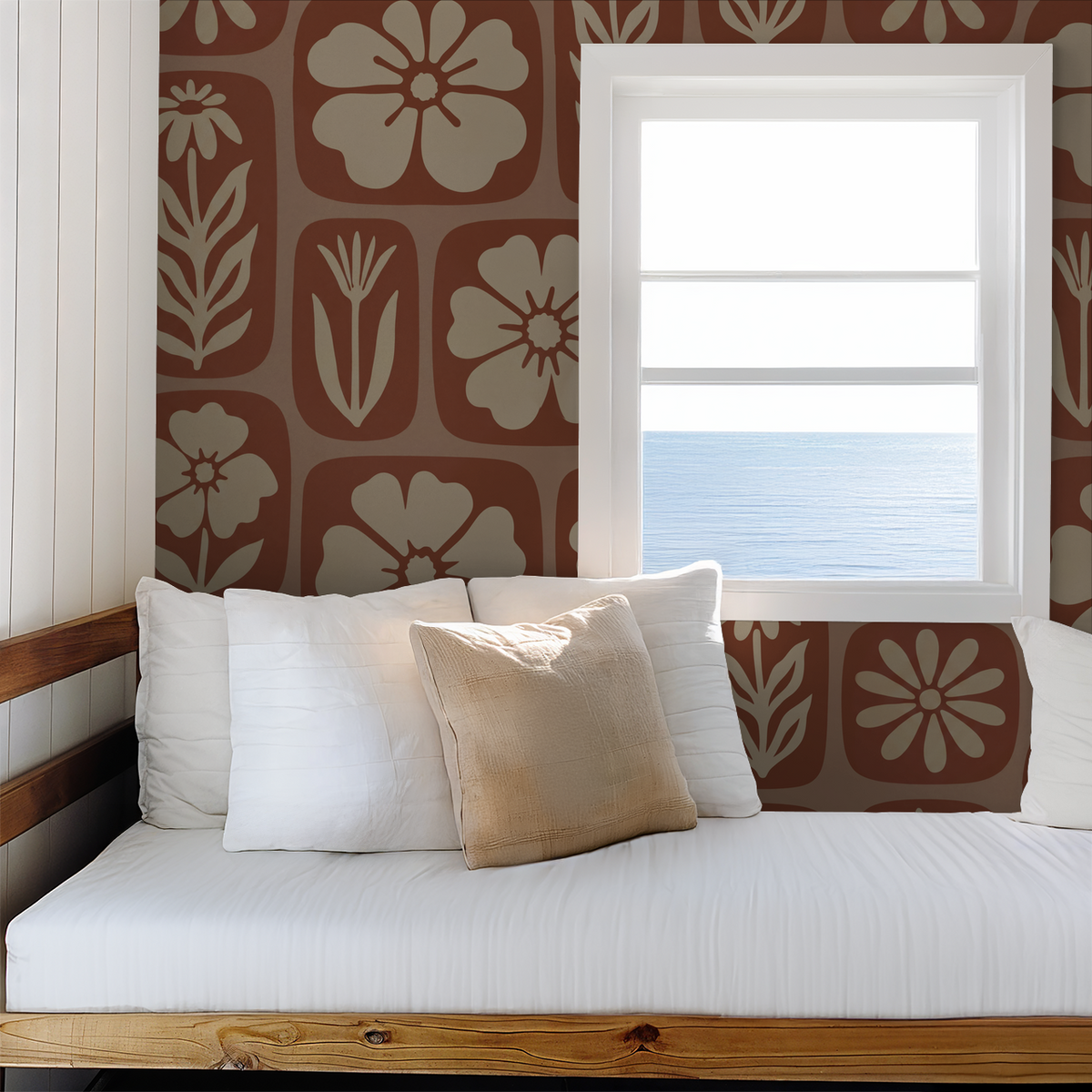 Rustic terracotta floral wallpaper in cozy room with ocean view
