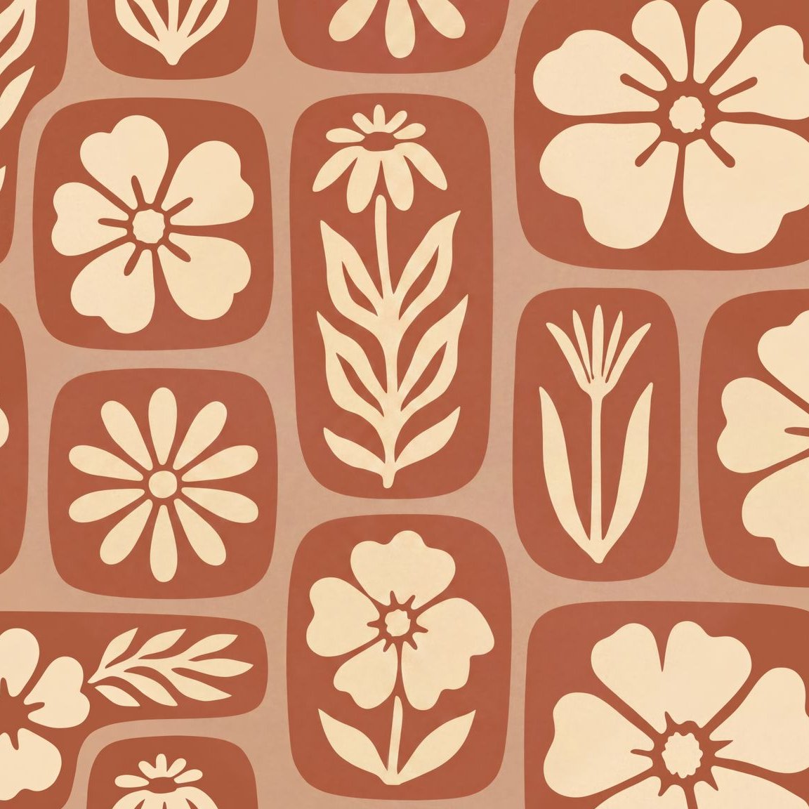 Rustic terracotta wallpaper with cream floral motifs in geometric pattern.