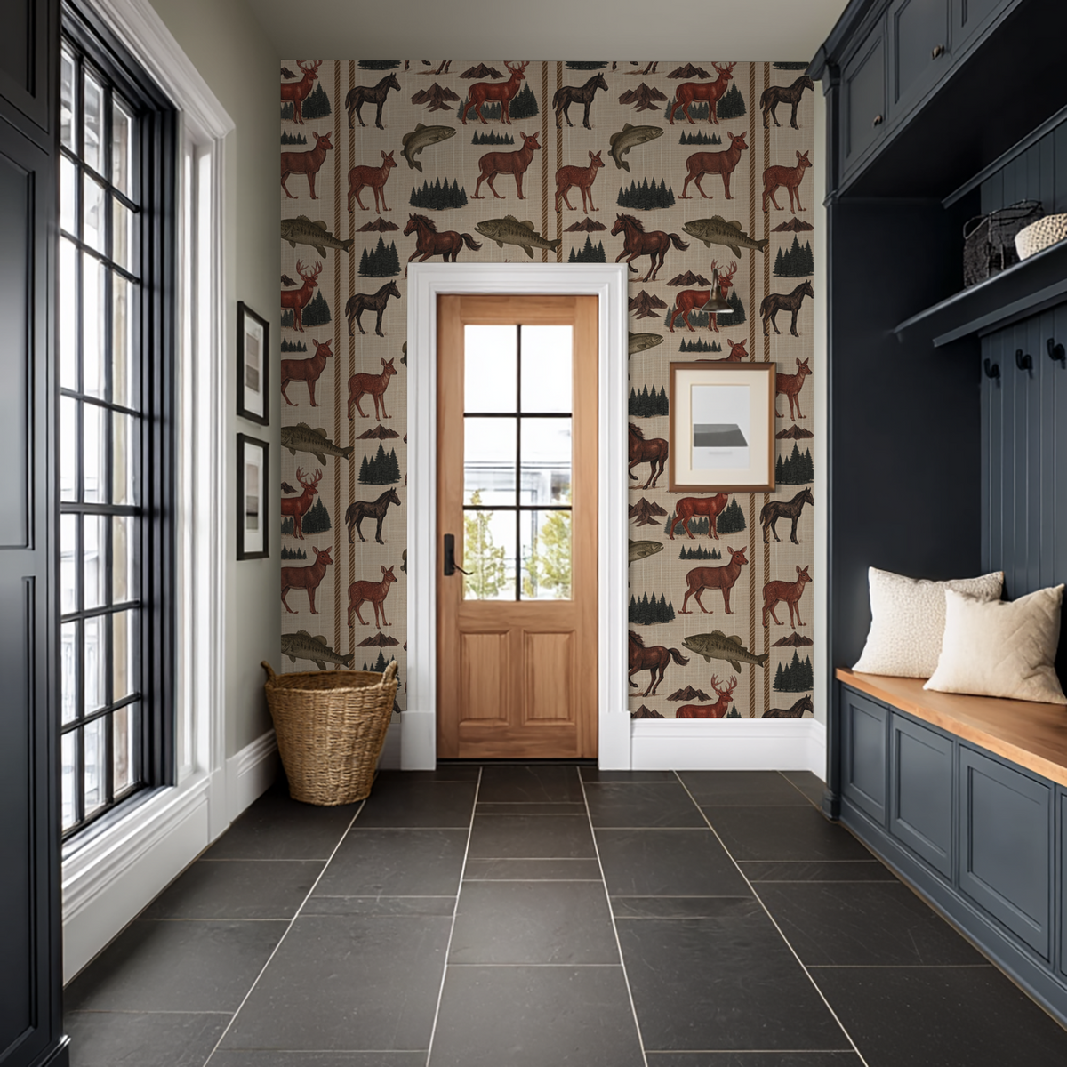 Rustic wildlife wallpaper with deer and horses in earthy tones in a cozy entryway.
