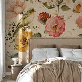 Wall Blush's Sadie Wallpaper in a cozy bedroom, featuring floral design and a focus on wall decor.