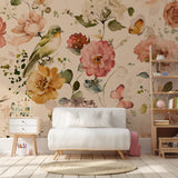 "Floral Sadie Wallpaper by Wall Blush in cozy living room, highlighting elegant wall decor focus"