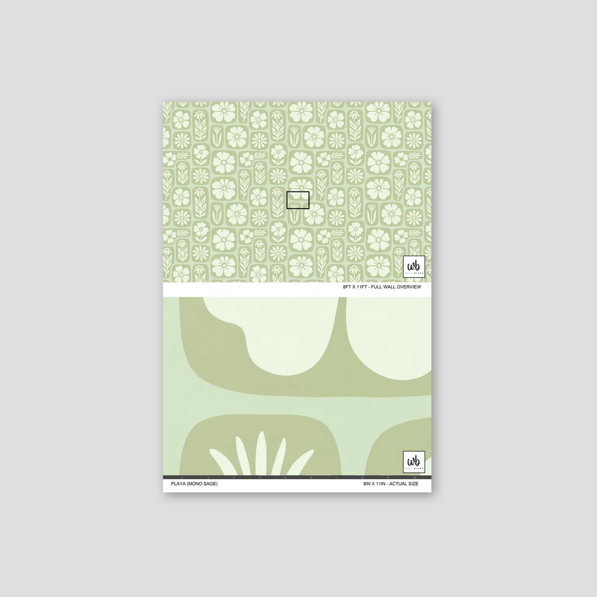 Sage green floral botanical wallpaper sample with nature-inspired pattern.