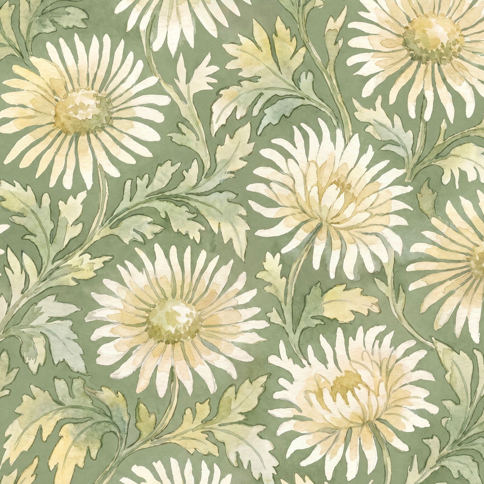 Sage green wallpaper with cream floral daisy pattern and leafy design.