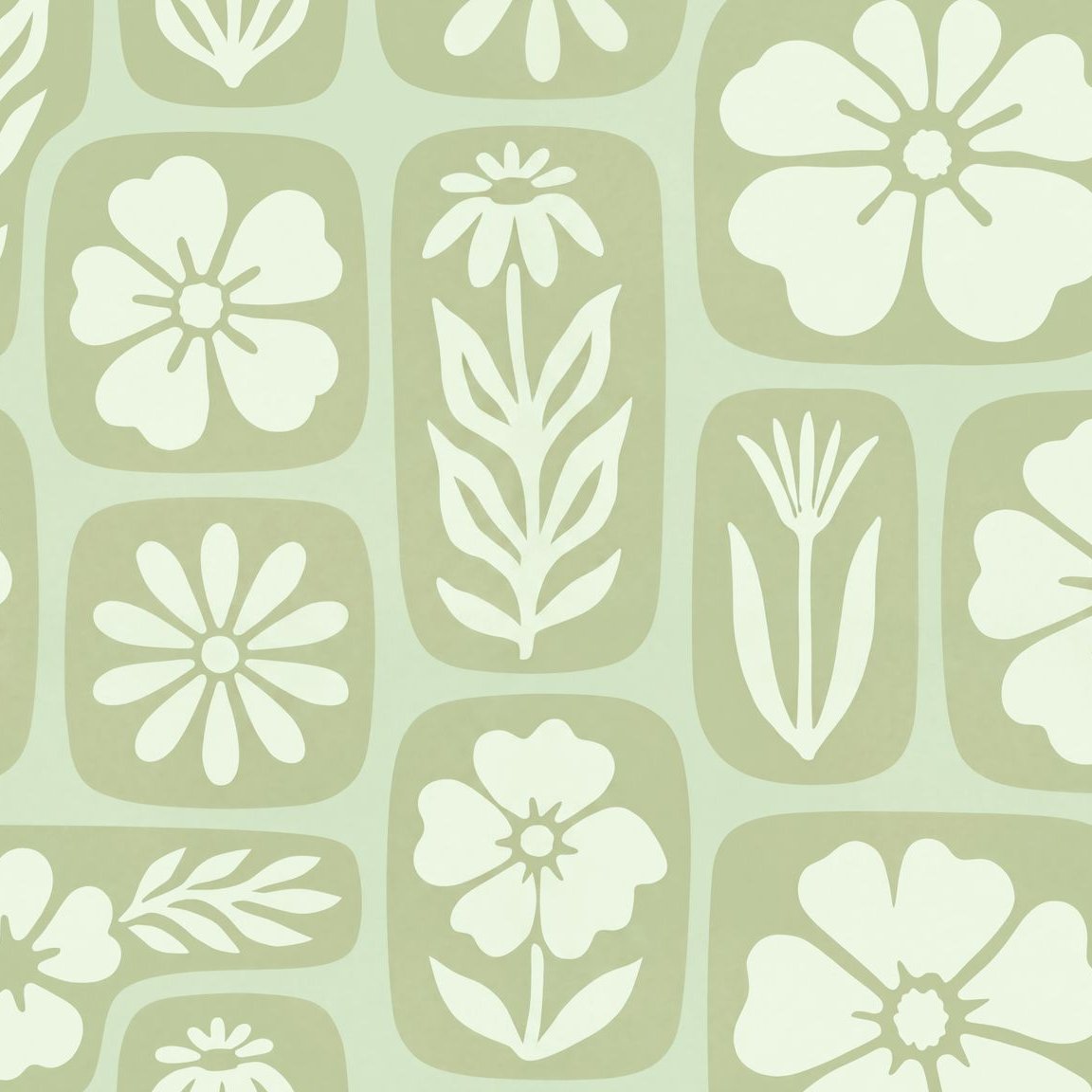 Sage green floral wallpaper with white botanical motifs in a modern style.