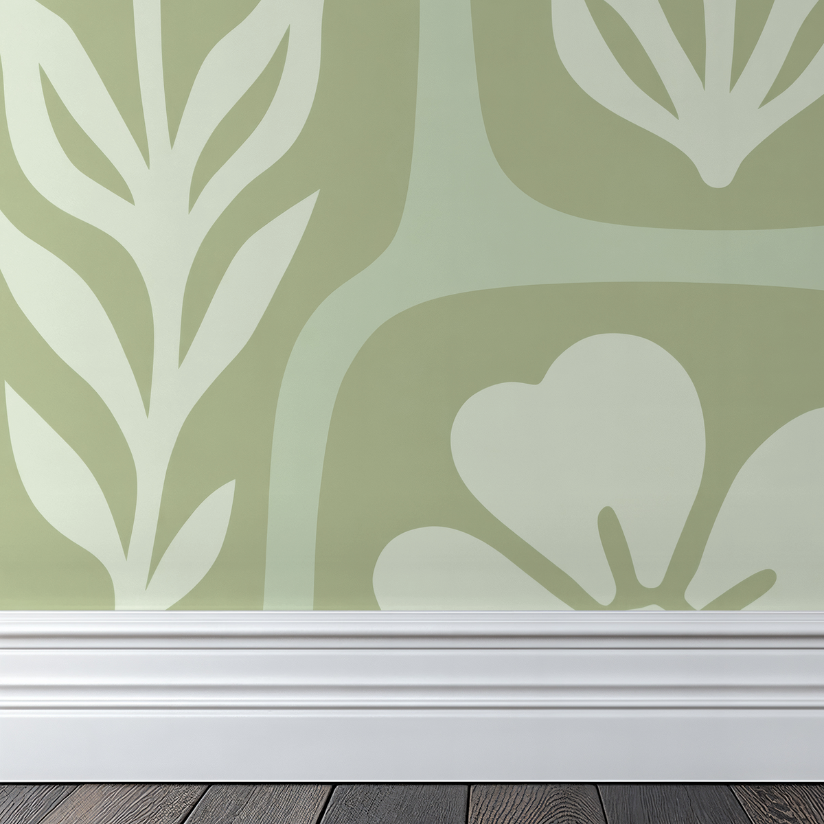 Sage green floral wallpaper with white botanical motifs and white baseboard.