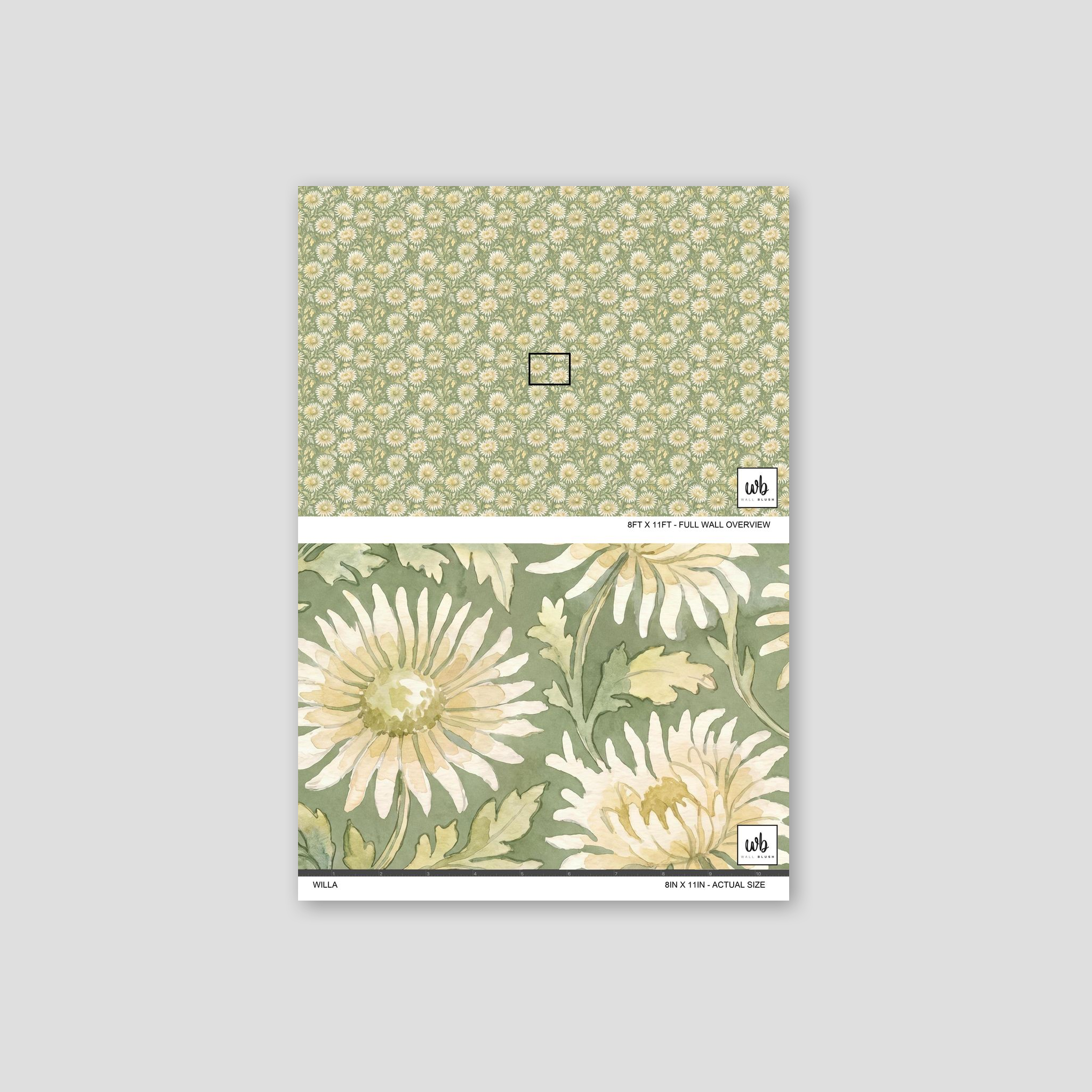 Sage green wallpaper with delicate floral pattern and cream petals.