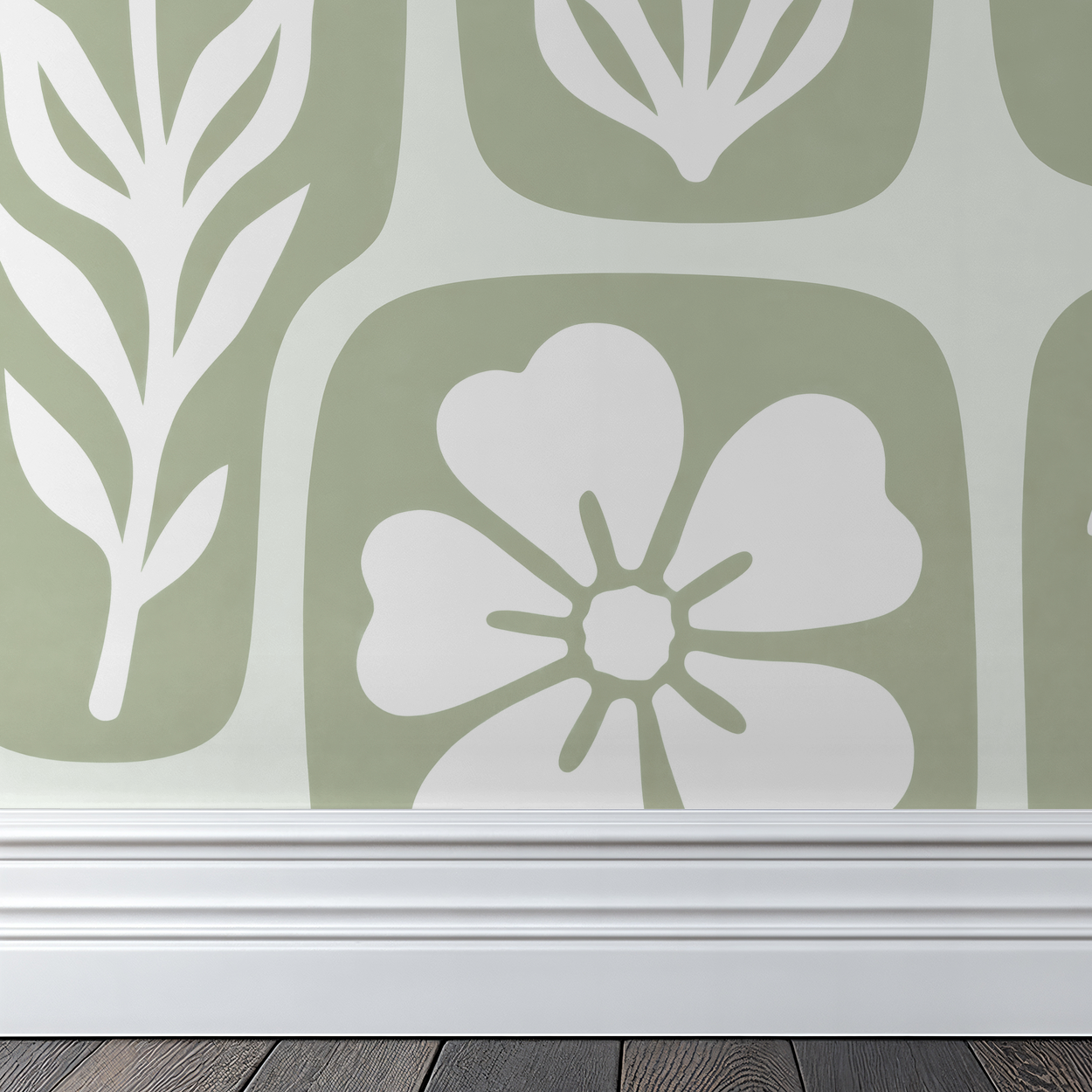 Sage green and white floral wallpaper with nature-inspired motifs