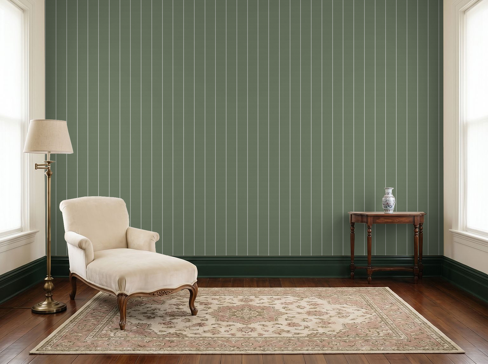 Sage green pinstripe dot wallpaper in elegant living room with chaise lounge.