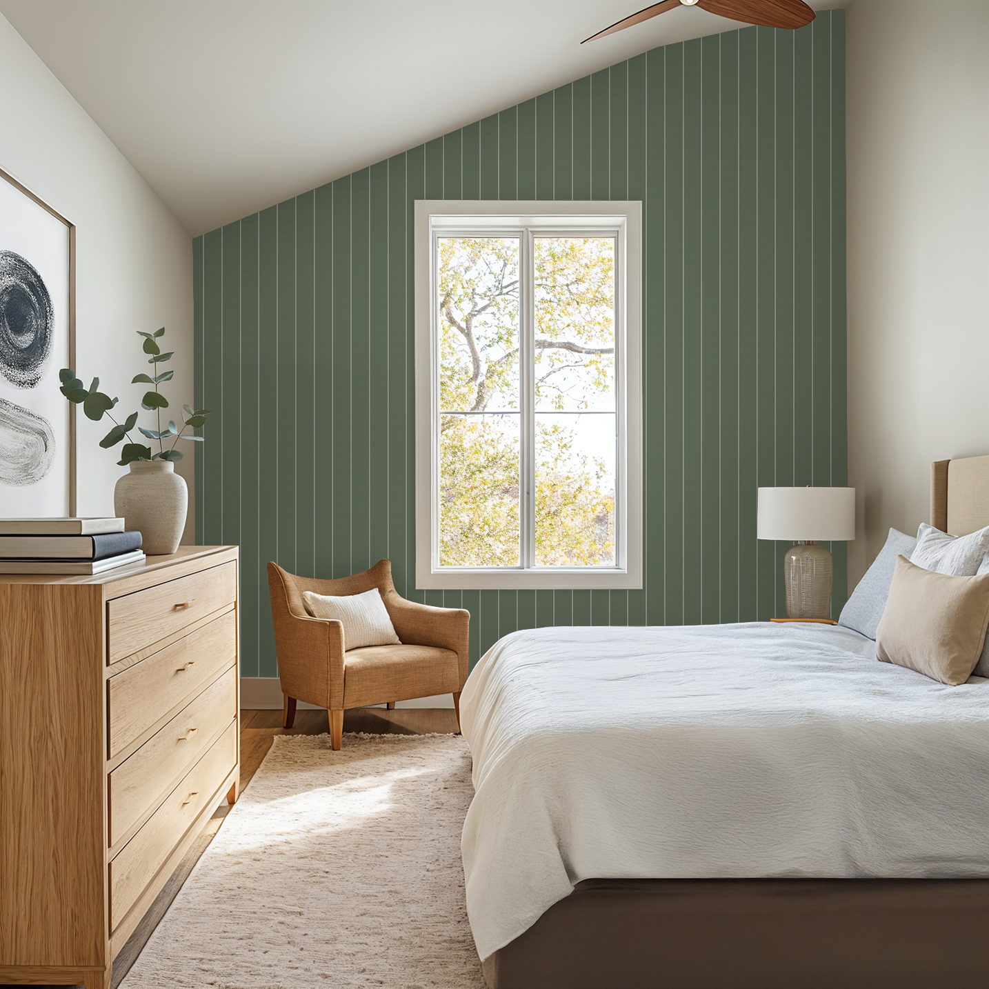 Sage green pinstripe dot wallpaper in modern bedroom with natural decor.