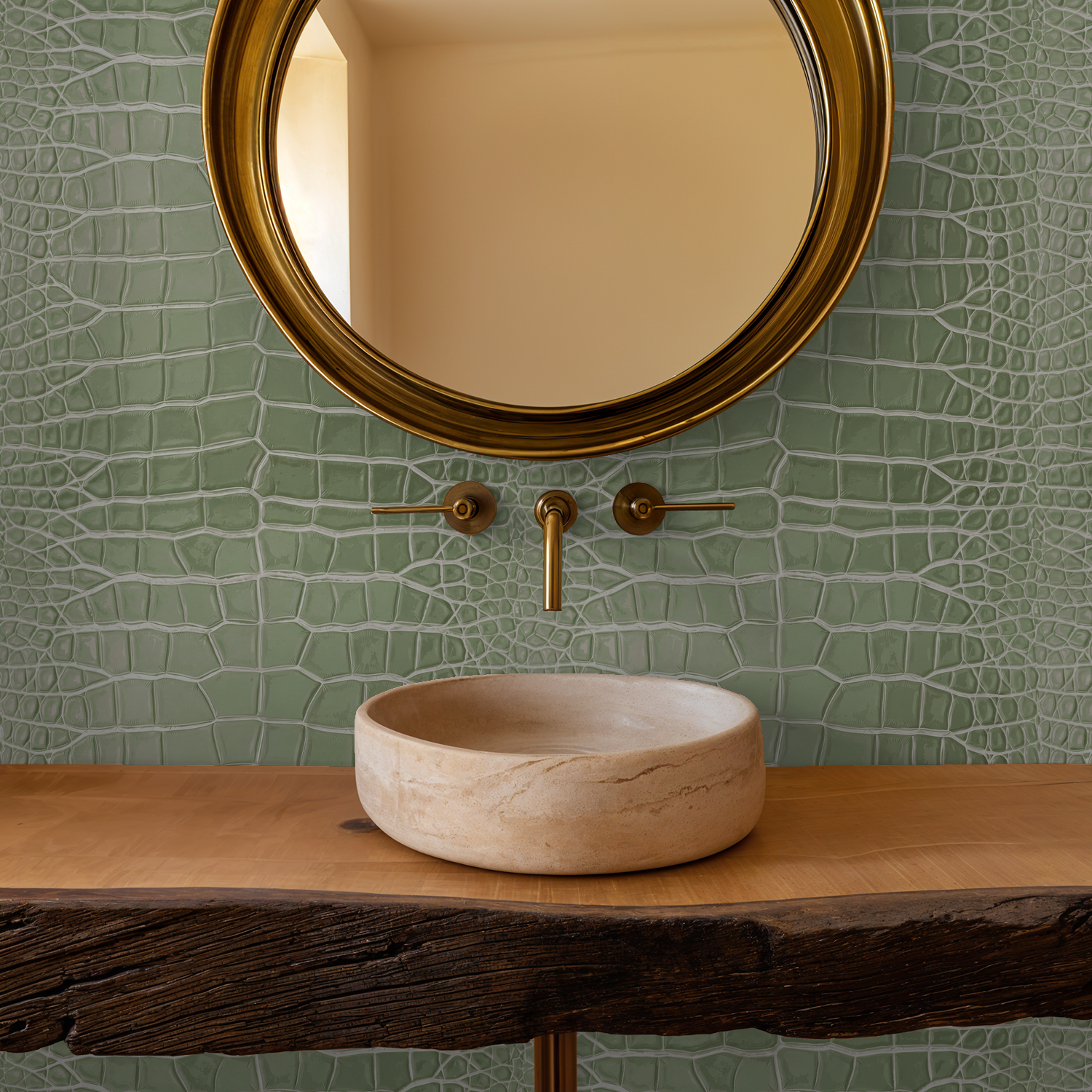 Sage green reptilian textured wallpaper in bathroom with round mirror and stone basin.
