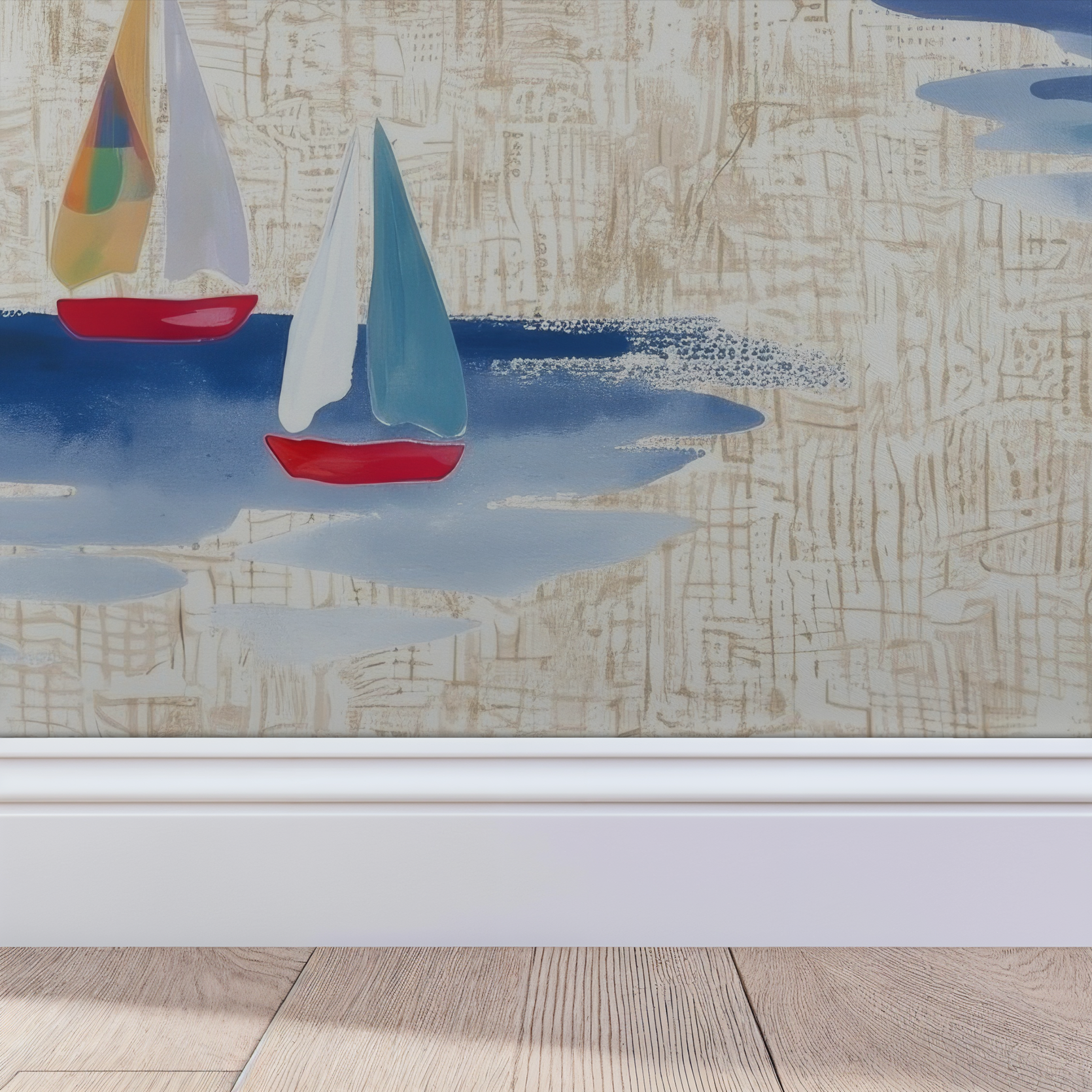Coastal wallpaper with sailboats in azure blue and sandy beige tones.