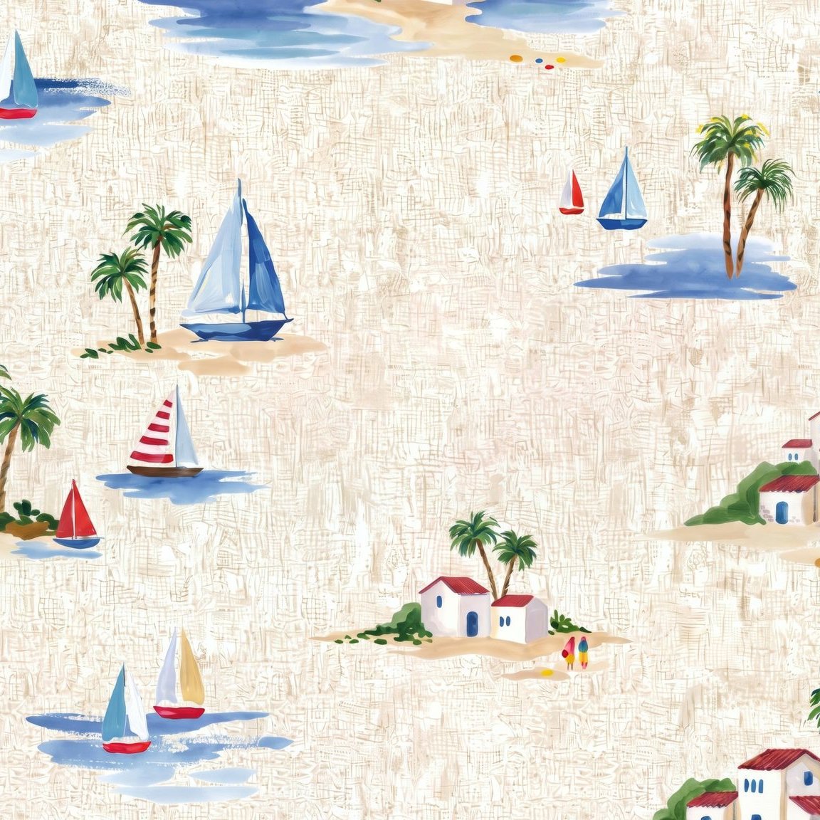Coastal wallpaper with sailboats, palm trees, and beach huts in blue and beige tones.