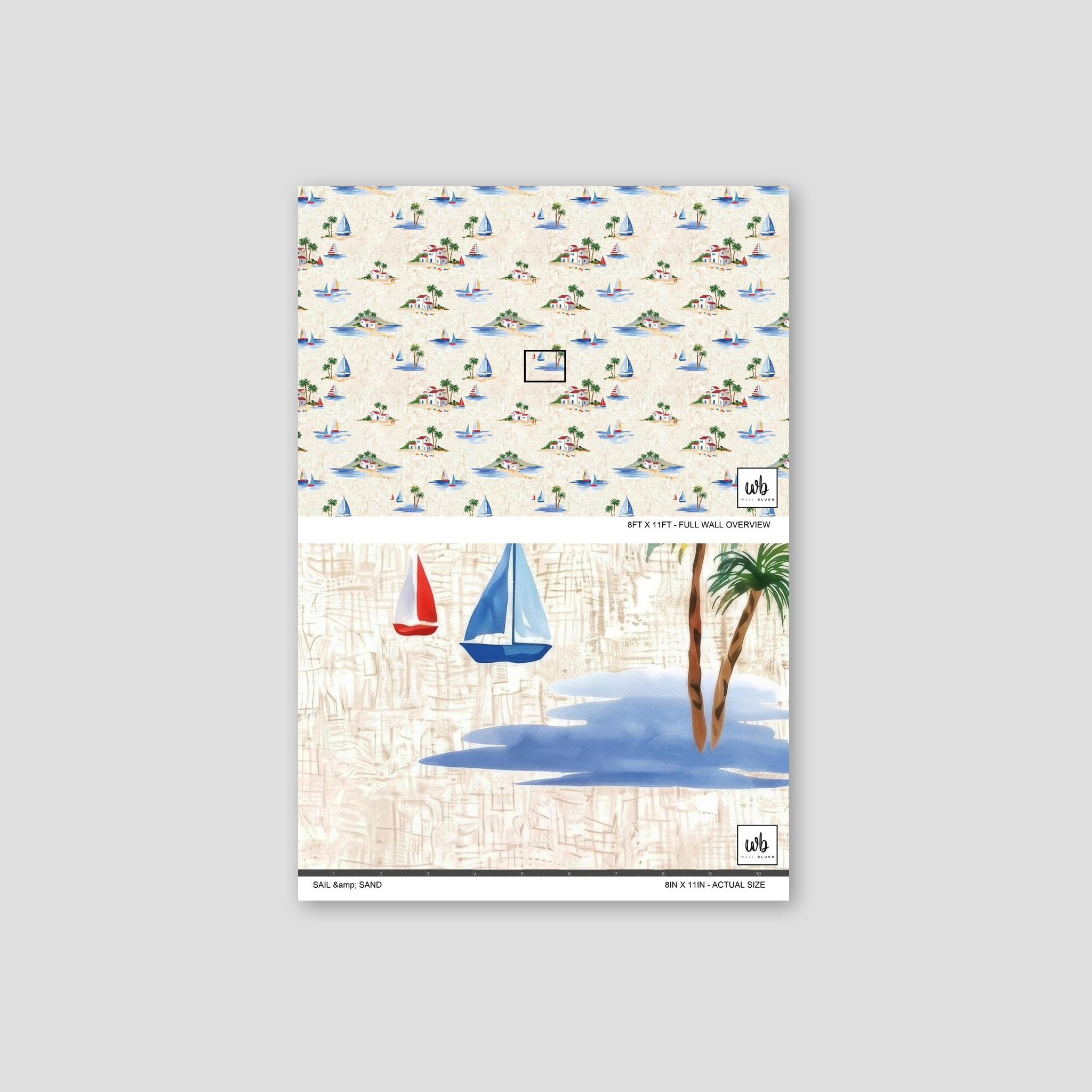 Coastal wallpaper with sailboats, palm trees, azure blues, and sandy beiges.
