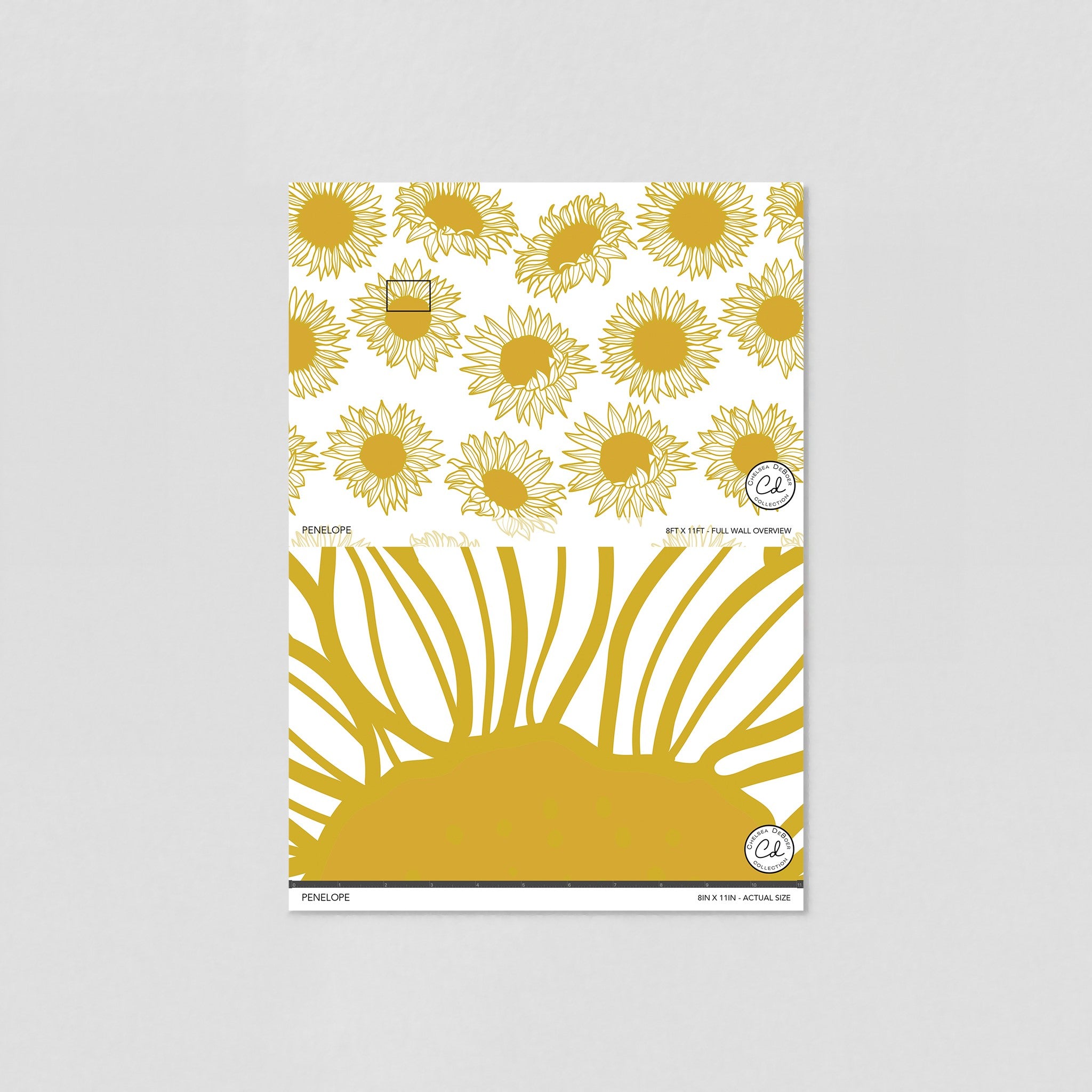 "Wall Blush's Penelope Wallpaper sample with yellow floral design for brightening up living room decor."