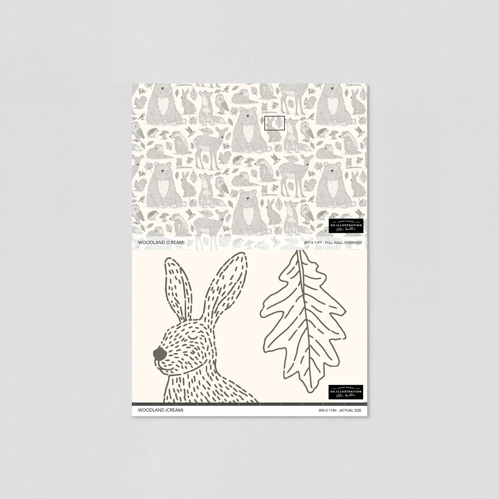 "Wall Blush's Woodland (Cream) Wallpaper sample with animal designs for a cozy modern living room decor."